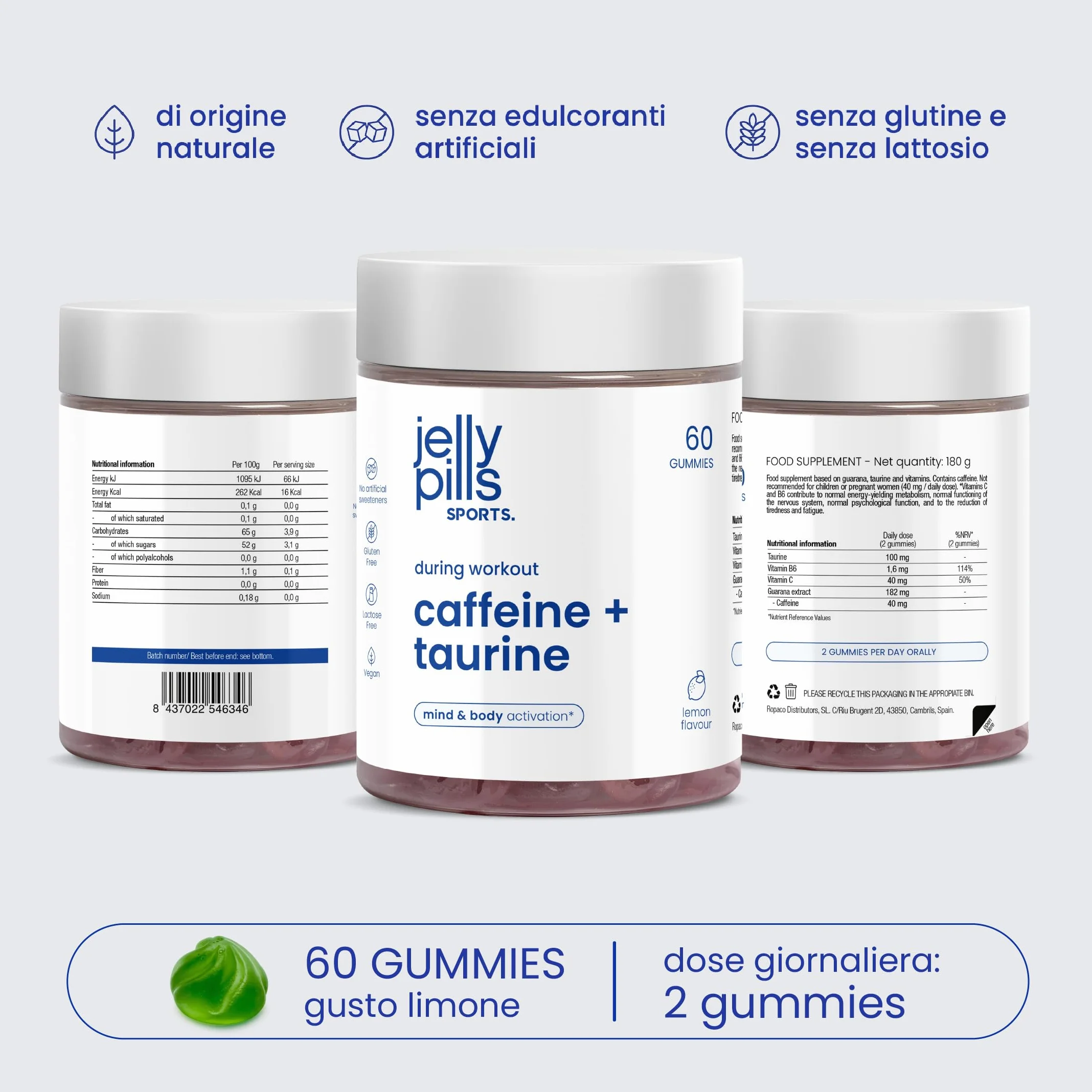 Gummies Caffeina Taurina Guaranà Energia Focus Mentale 60 Vegane Senza Zuccheri Gusto Limone Naturale Jelly Pills Sports