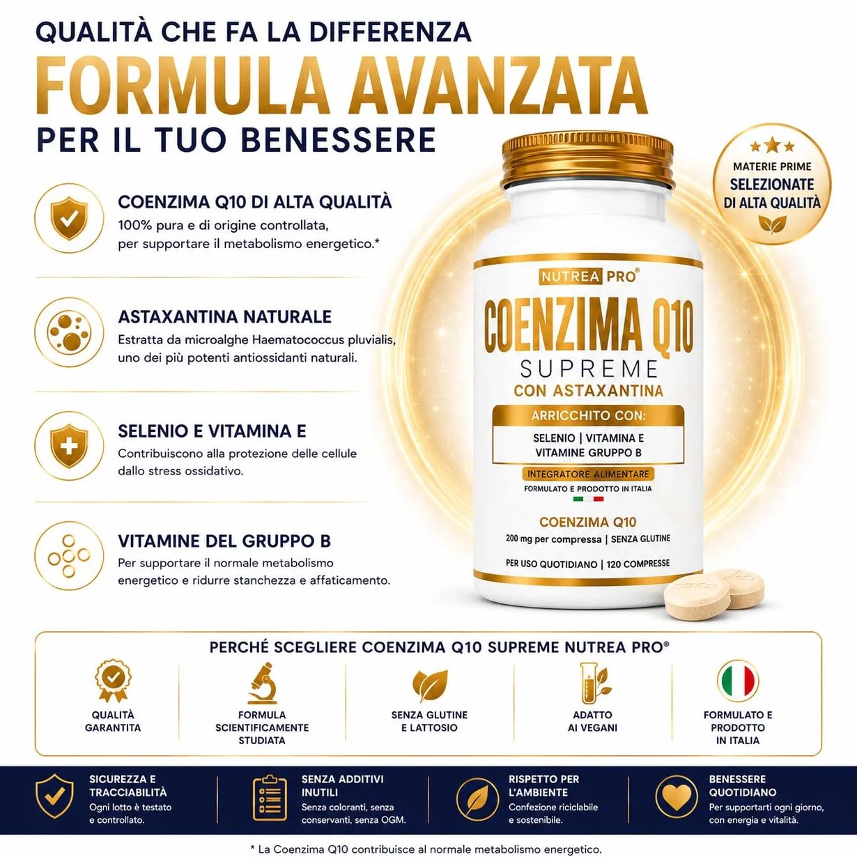 Coenzima Q10 200mg con Astaxantina 1mg |Coenzima Q10 migliore stabilità del normale q10 ubichinolo| Q10 Coenzima complex formulata con coq10 Astaxantina Vitamina E B12 B6 B2| NUTREAPRO®