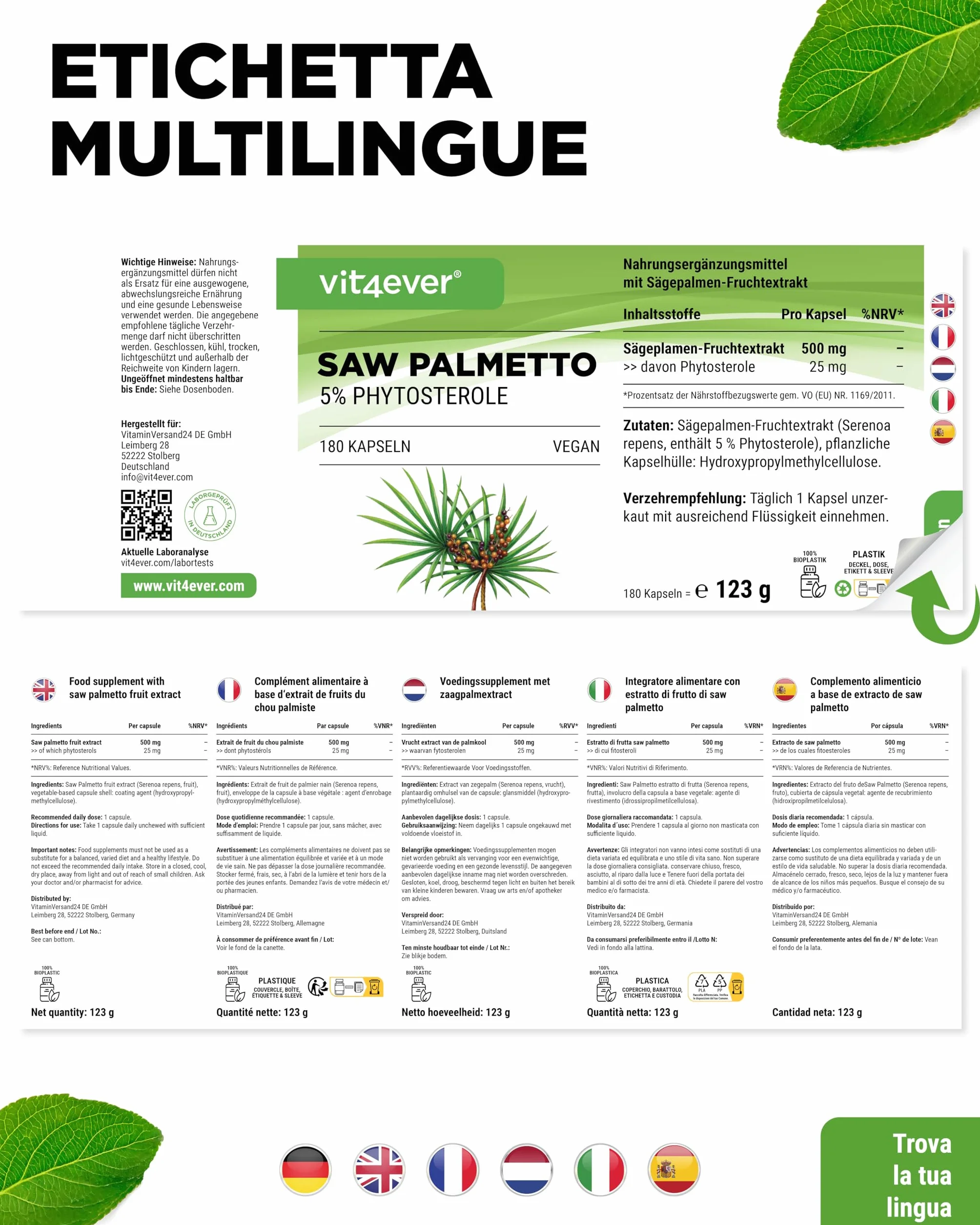 Vit4ever Estratto di Saw Palmetto 180 capsule 500 mg 5% fitosteroli 25 mg Vegano