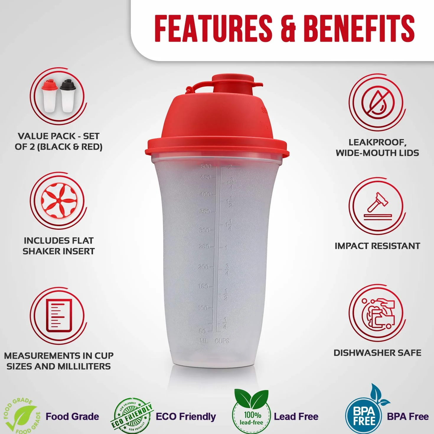 Shaker Proteine Signoraware | Borraccia Palestra per Frullati di Proteine | Shaker per Proteine Portatile da 17 once / 500 ml | Borraccia Sport per Sostituto del Pasto | Miscelatore Condimenti | 2 Pz