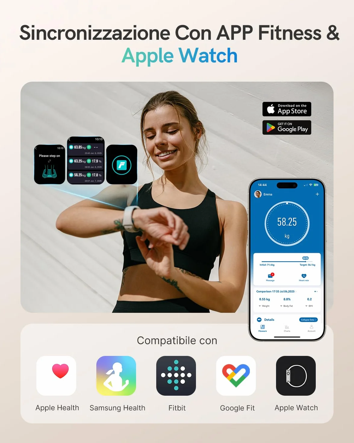 Bilancia Pesapersone Digitale Intelligente con Display VA, 22 Dati Corporei, Max. 180kg, Compatibile iOS & Android