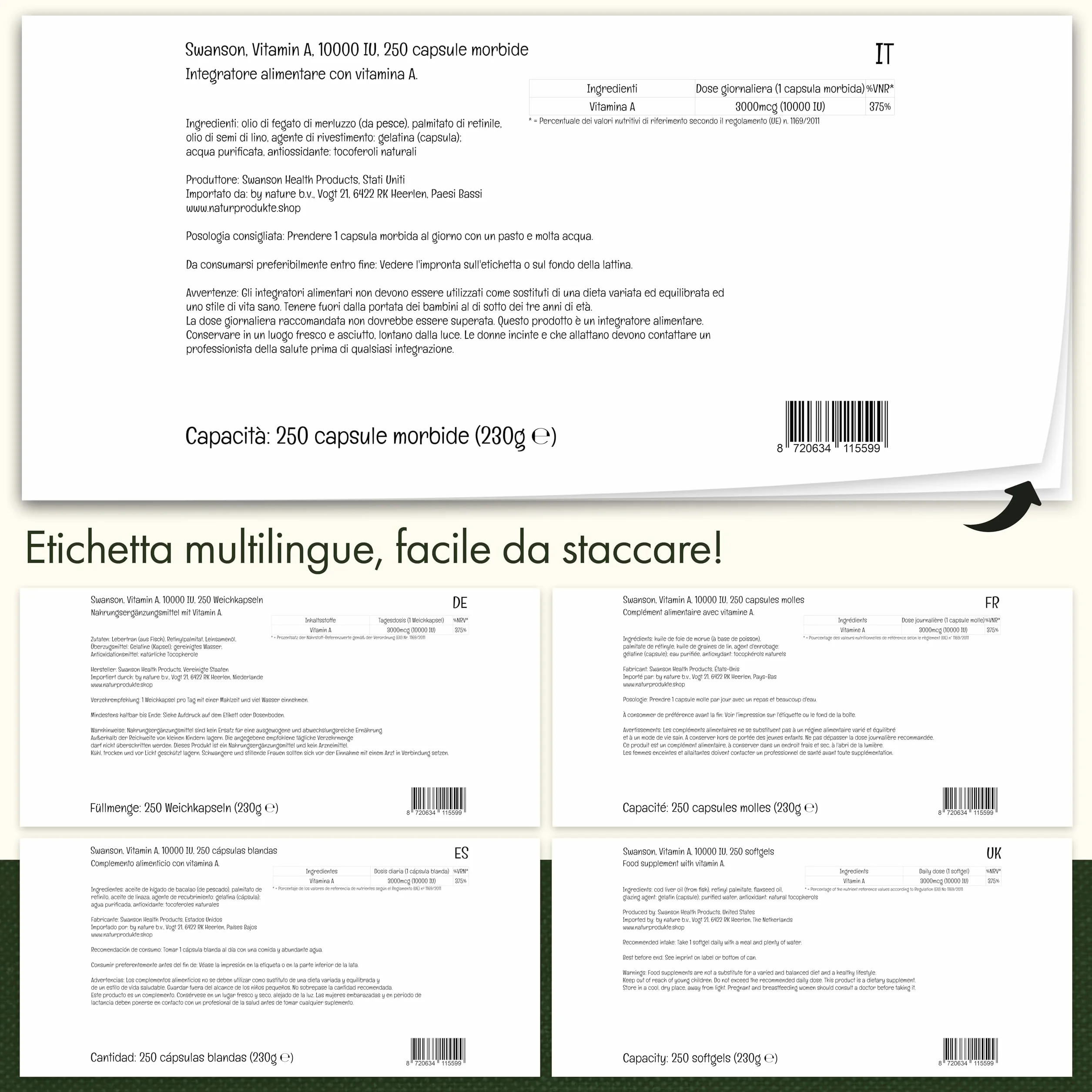 Swanson, Vitamin A 10.000IU (3.000mcg), con Olio di Fegato di Merluzzo, 250 Softgels, Altamente Dosato, Testato in Laboratorio, Senza Soia, Senza Glutine, non OGM