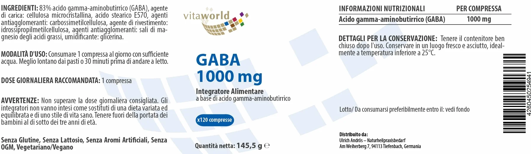 Vita World GABA 1000 mg 120 compresse vegane Made in Germany