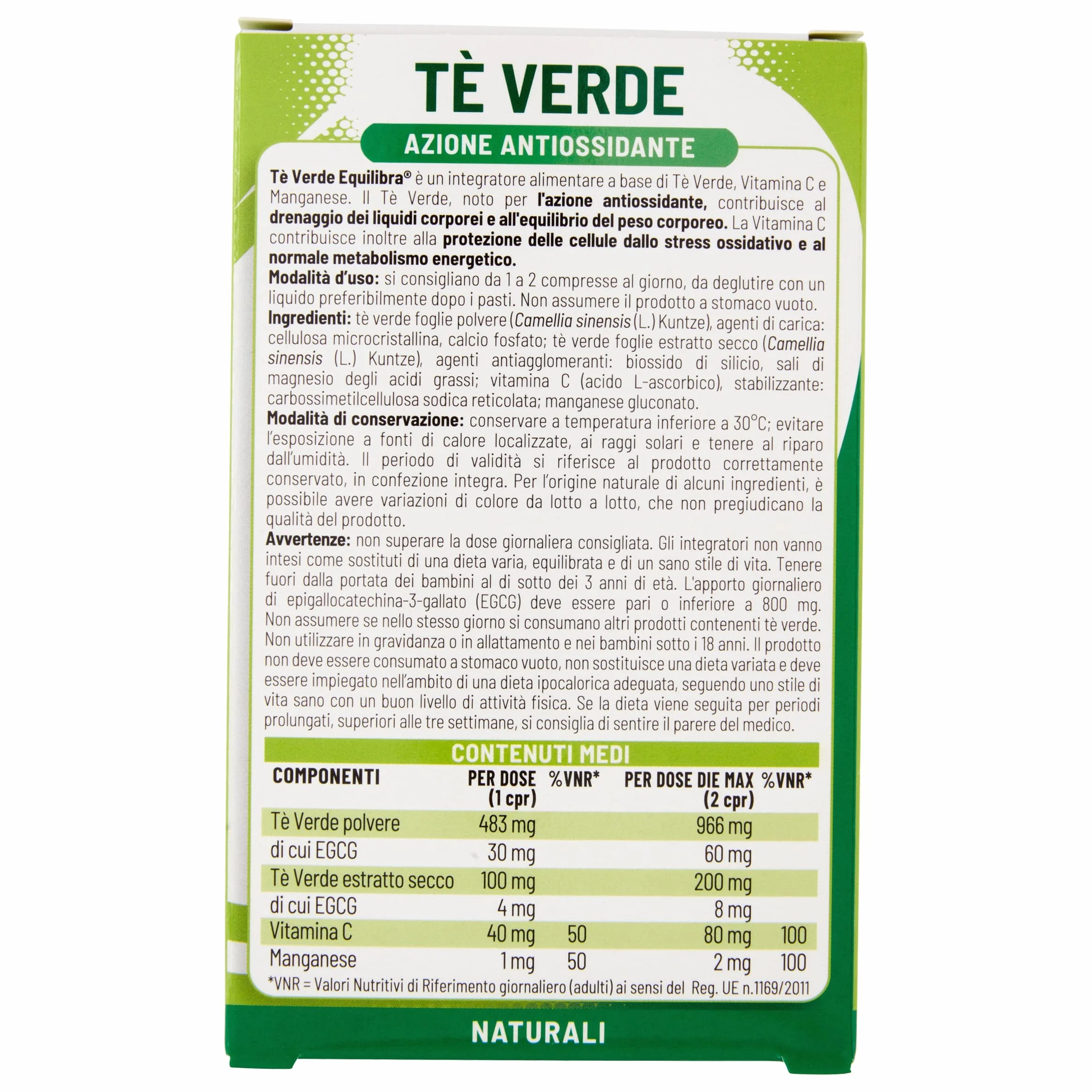 Equilibra Integratori Alimentari, Tè Verde, Integratore Antiossidante con Vitamina C e Manganese, Drenaggio dei Liquidi Corporei e Protezione delle Cellule dallo Stress Ossidativo, 40 Compresse