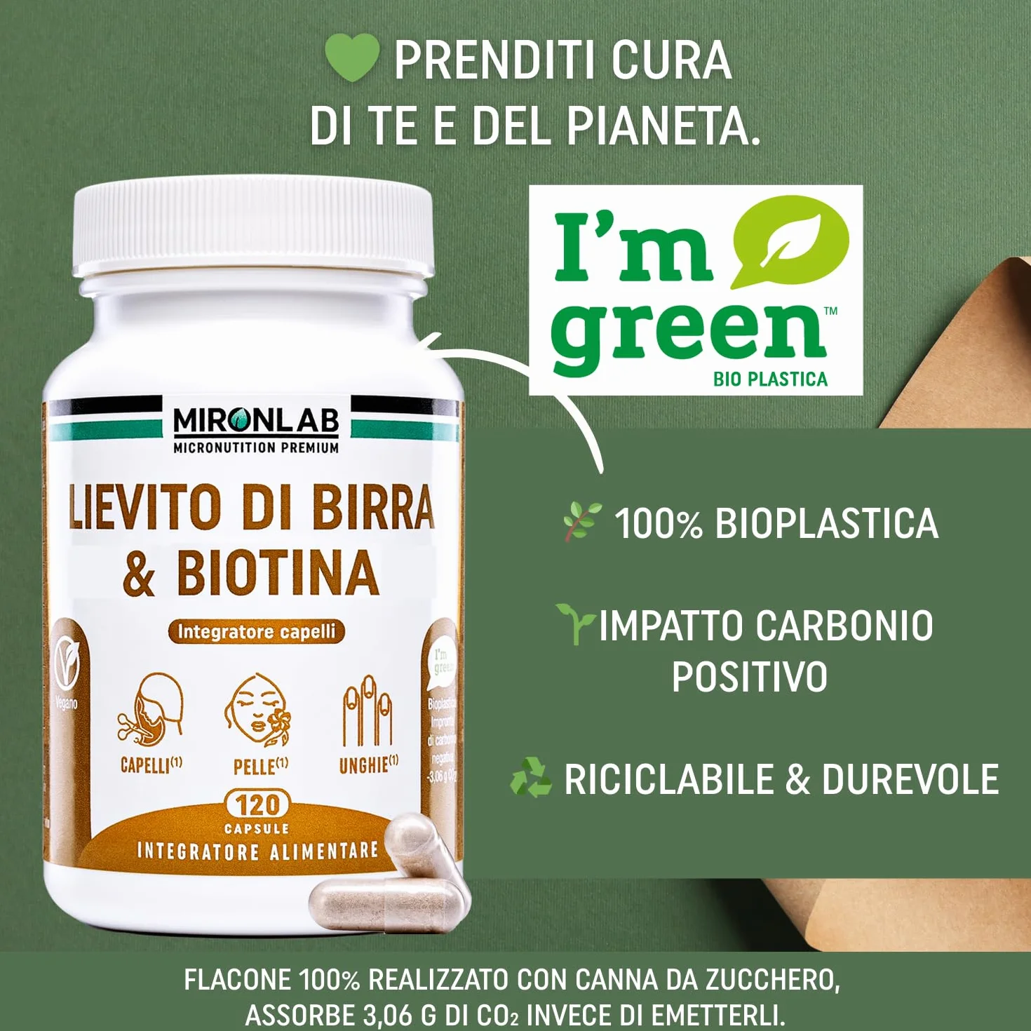 MIRONLAB Lievito di Birra Alto Dosaggio 1640mg Integratore Crescita Capelli Pelle Unghie 120 Capsule