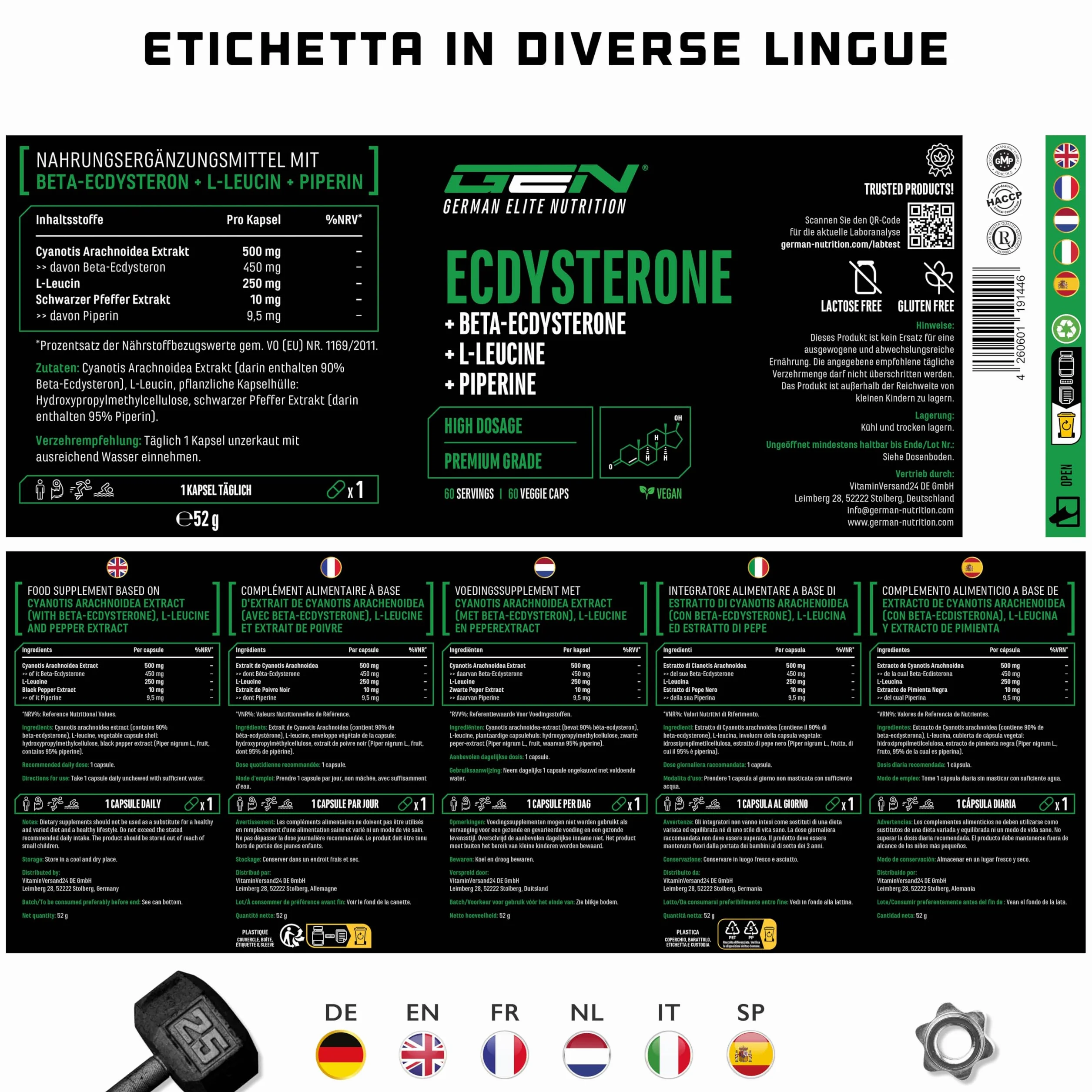 Ecdysterone Complex - Altamente dosato con 760 mg per pezzo - Premium: 90% Beta-Ecdysterone + L-Leucina + Piperina - 60 capsule - Vegan