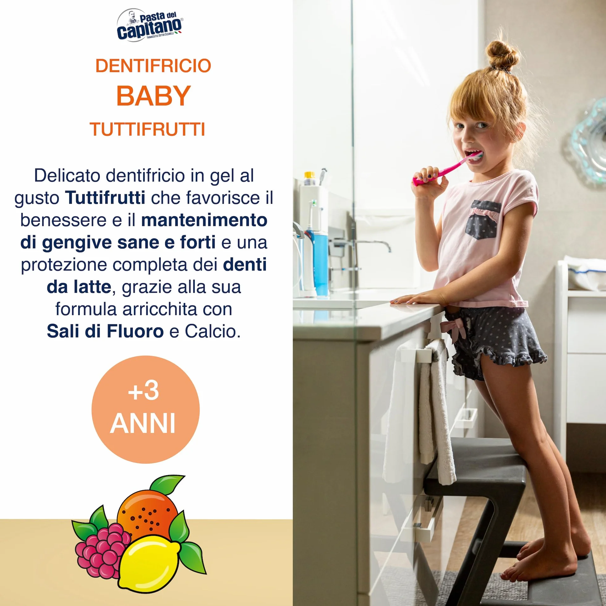 Pasta del Capitano, Dentifricio Baby Tuttifrutti, Delicato in Gel Gusto Tuttifrutti, con Sali di Fluoro e Calcio, Ideale per Bambini a Partire dai 3 Anni di Età, Tubetto da 75 ml, Made in Italy