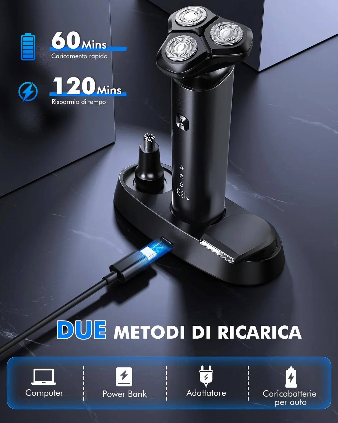 Rasoio Elettrico Barba Uomo IPX7 3D Rotativo con Display LED Wet & Dry Set 3 in 1