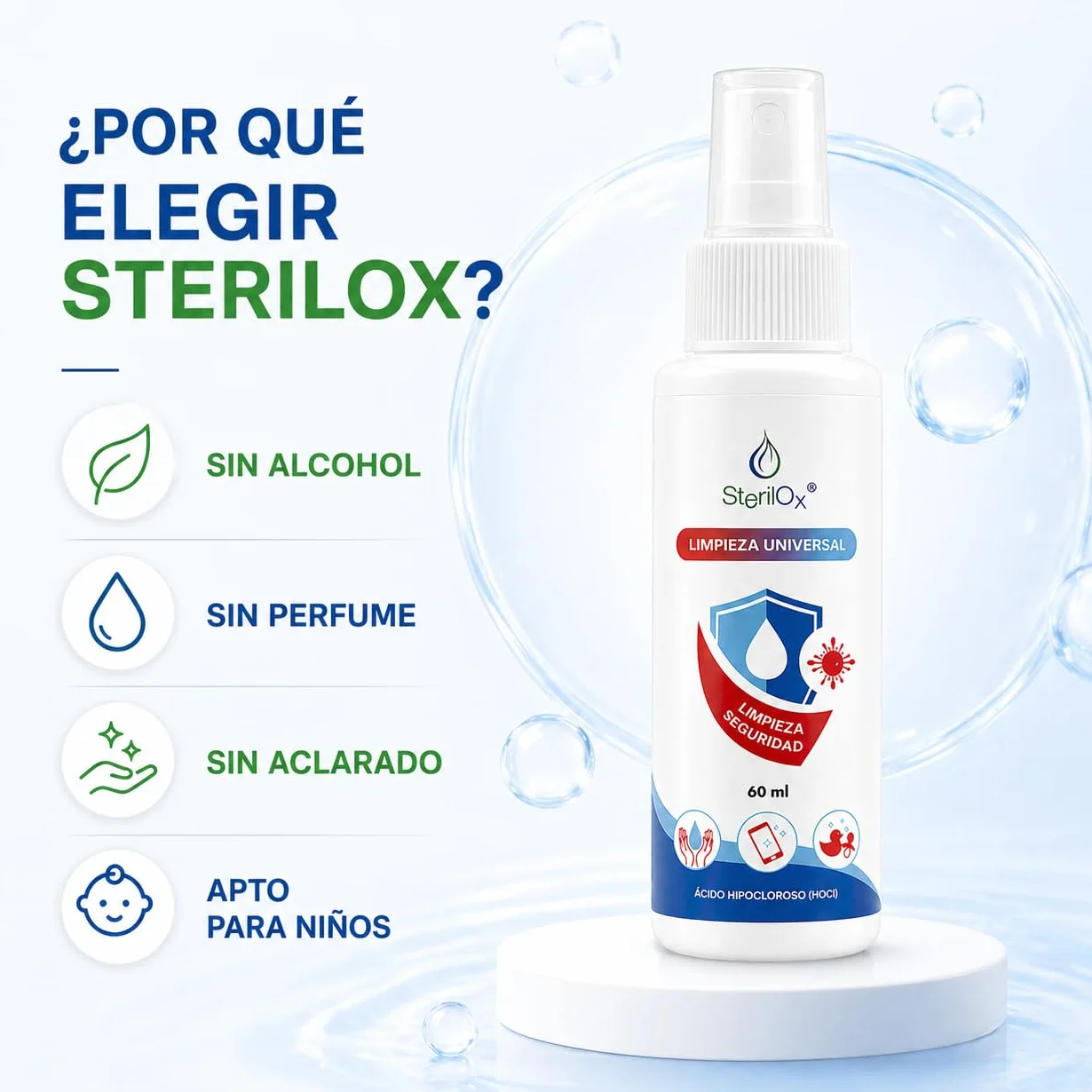 Spray cosmetico antisettico 60 ml senza alcool senza profumo con acido ipocloroso HOCl per mani giocattoli piatti