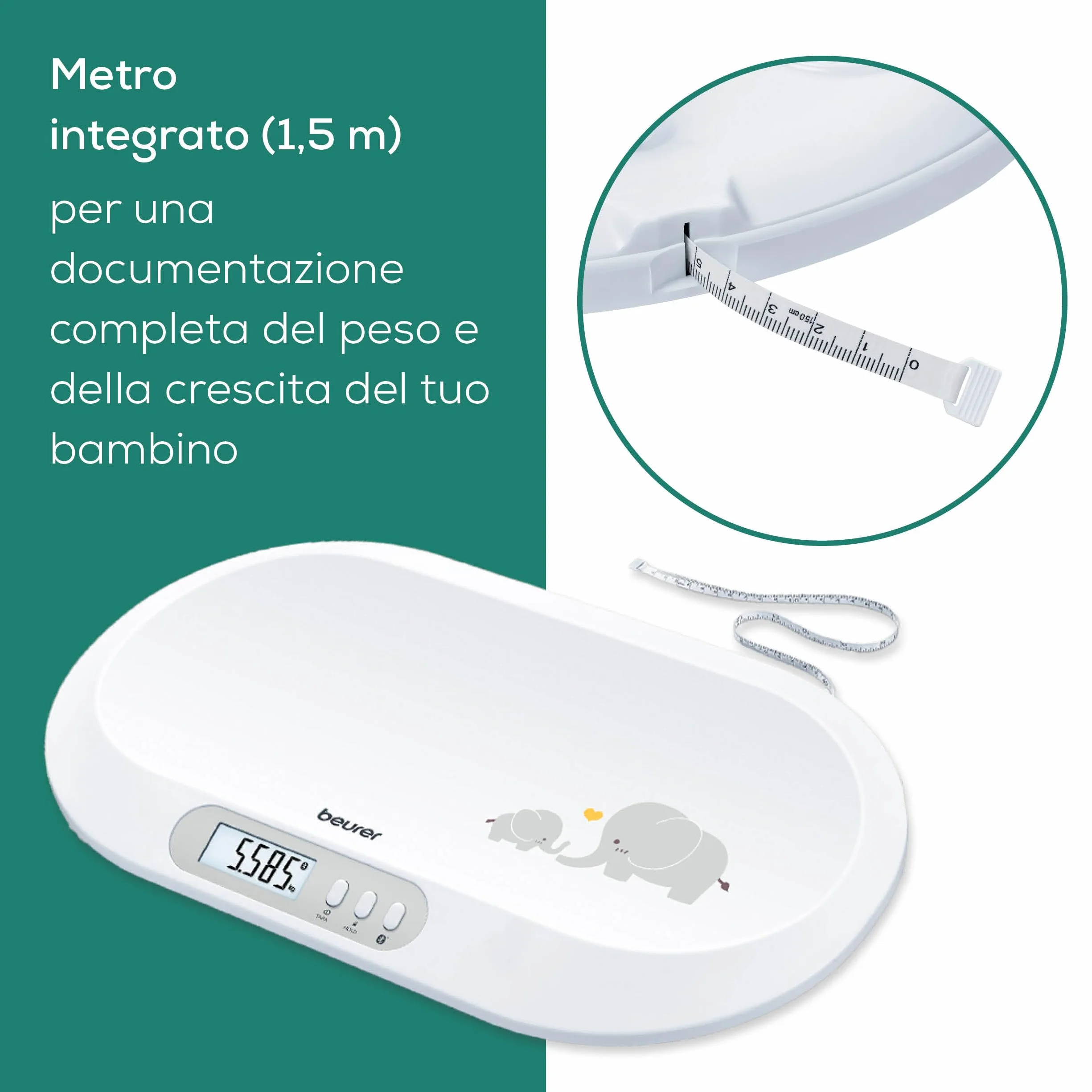 Beurer BY 90 Bilancia Pesaneonati Digitale Bluetooth BabyCare, Portata 20 kg, Metro Integrato, Tara, Fermo-Pesata, Display LCD, 10 Memorie