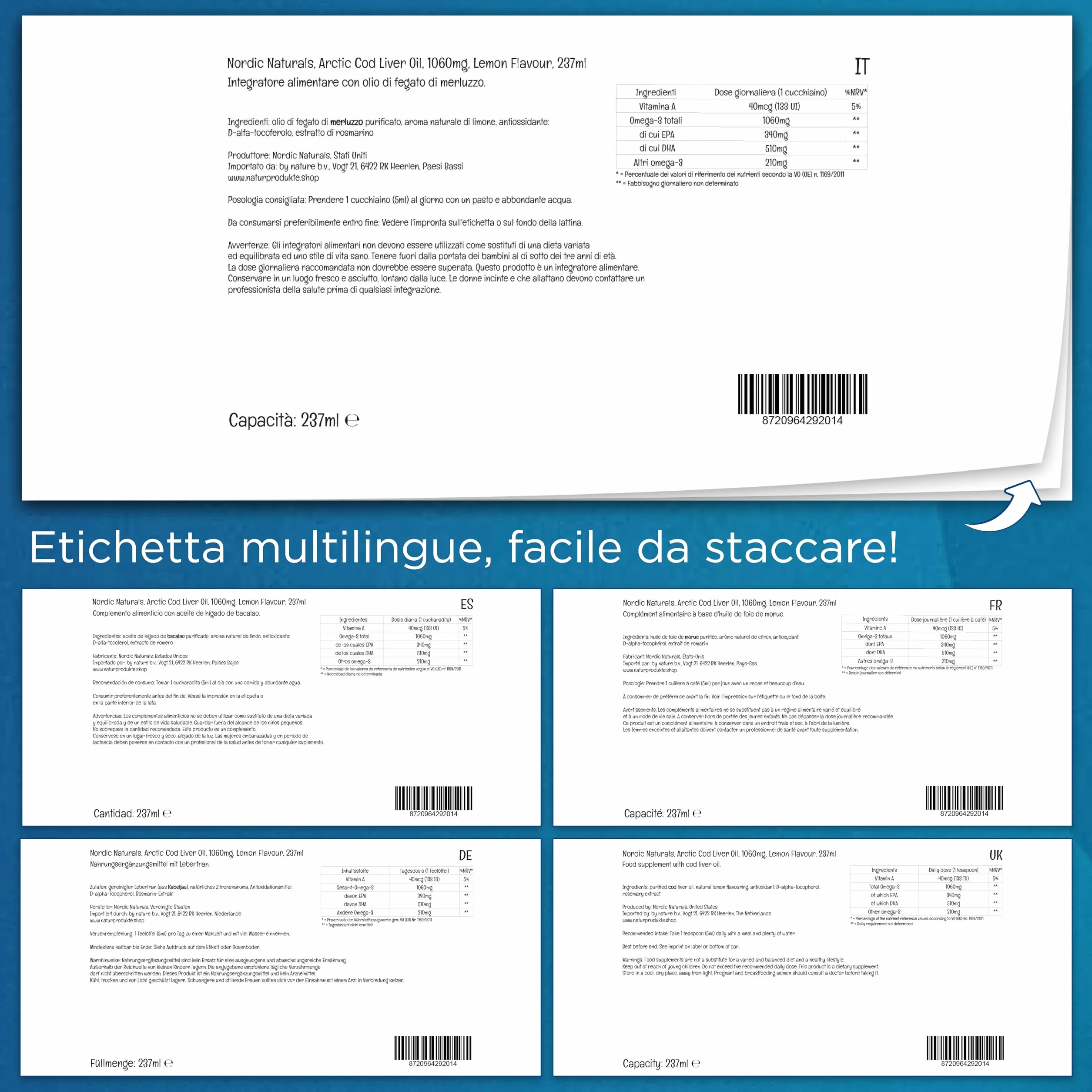 Nordic Naturals Olio di fegato di merluzzo artico 1060 mg Omega-3 EPA DHA Gusto limone 237 ml