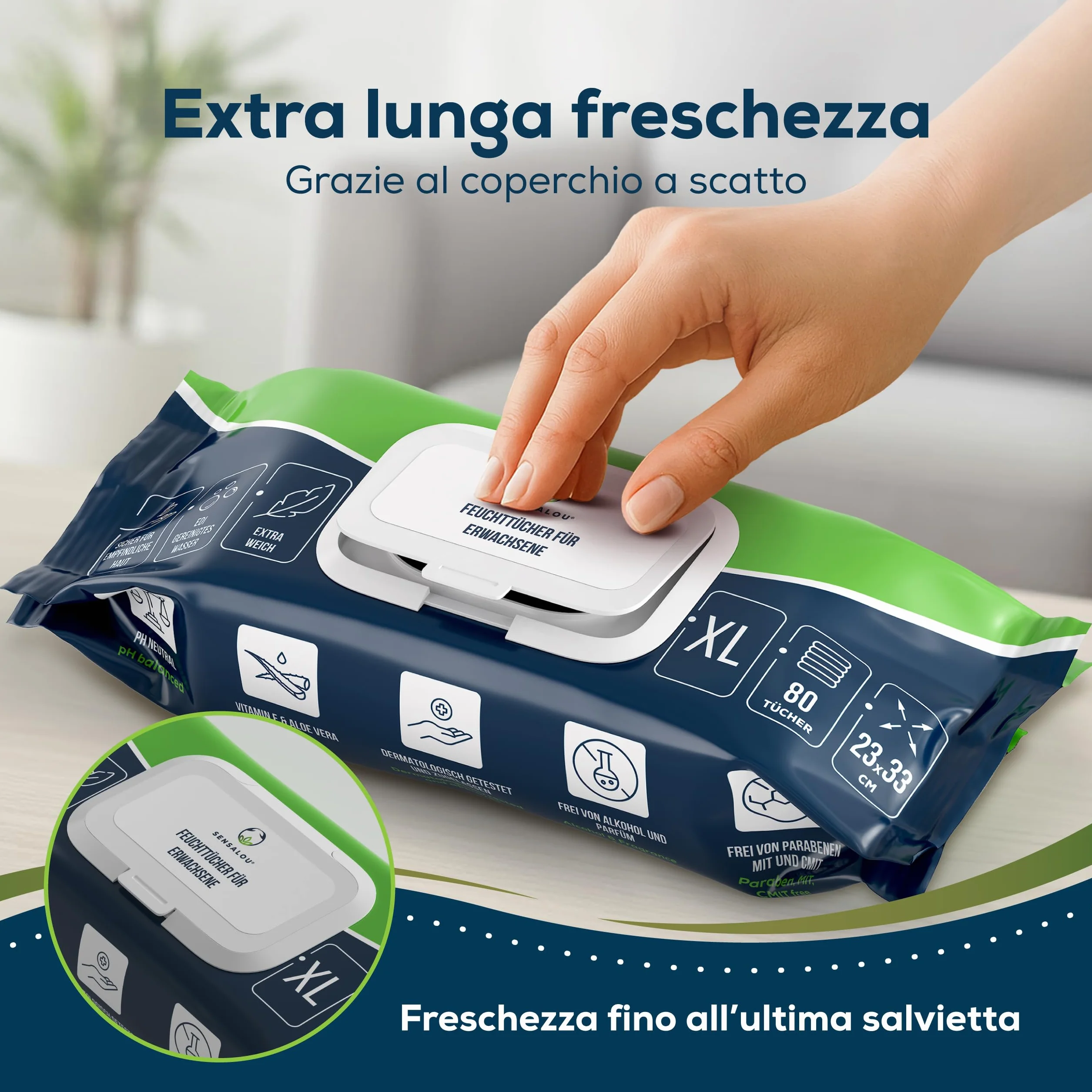 Sensalou Salviettine Umidificate XXL 23×33 cm Senza Alcool Pelle Sensibile Confezione 80 Pezzi
