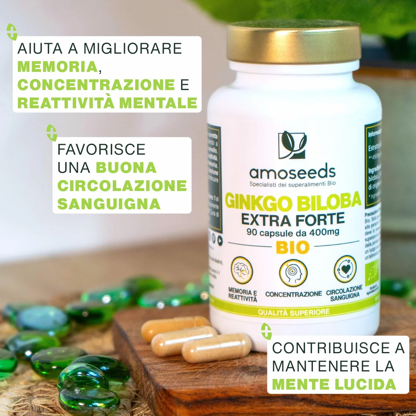 Ginkgo Biloba BIO Extra Forte 4560mg 90 capsule vegane Memoria Concentrazione Circolazione Sanguigna