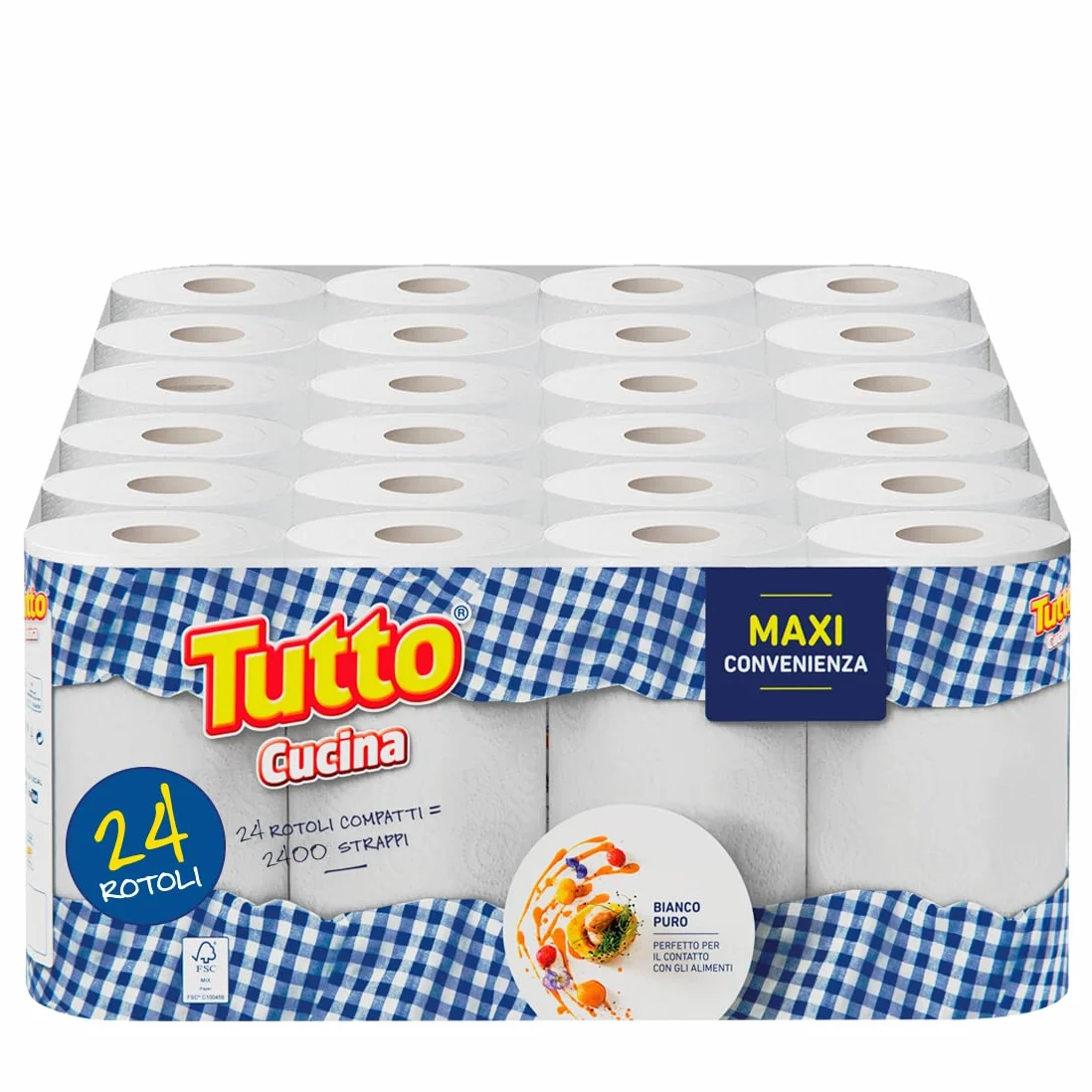 Tutto Cucina 24 Maxi Rotoli Carta 2 Veli 100 Strappi Extra Assorbenti Super Resistenti Contatto Alimenti Made in Italy
