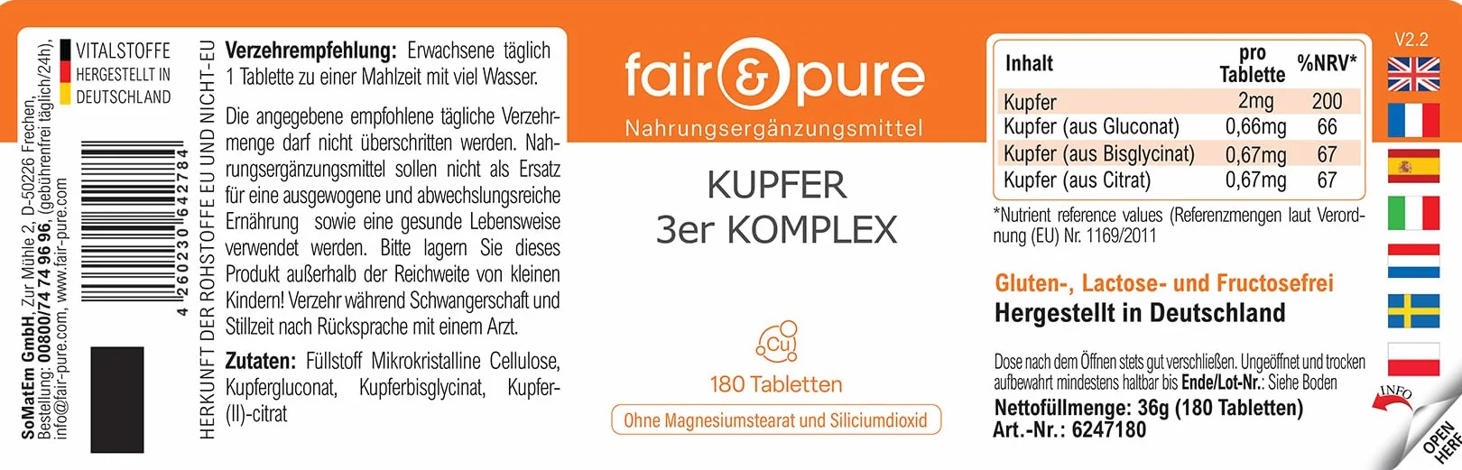 Fair & Pure Complesso di rame a 3 componenti, 180 compresse, 2 mg per compressa, facili da deglutire, integratore alimentare vegano senza additivi, prodotto in Germania
