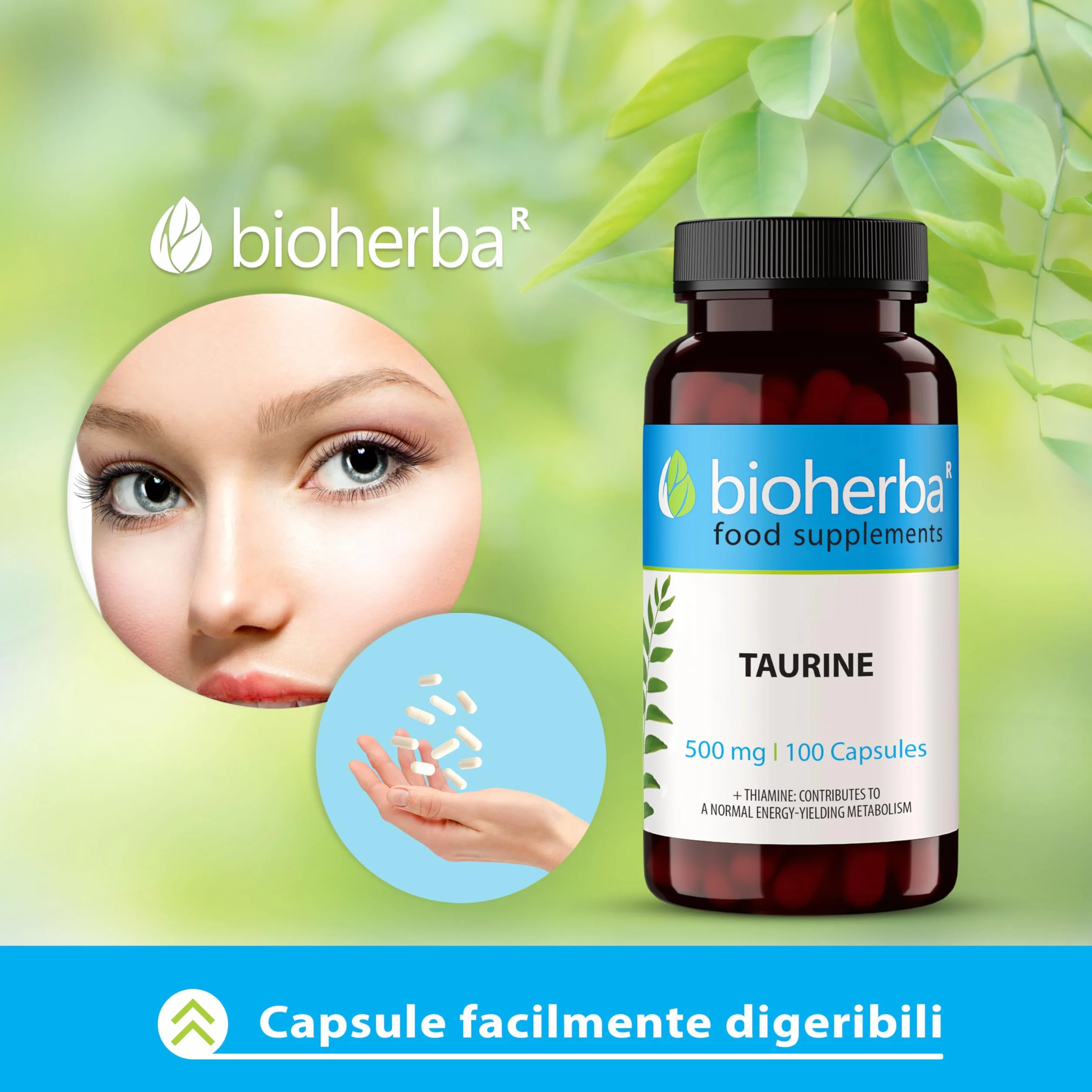 TAURINA Capsule 500 mg - 100 pezzi | Nutrimento per Pre e Post Allenamento | Senza Stearato di Magnesio o Caffeina di BIOHERBA