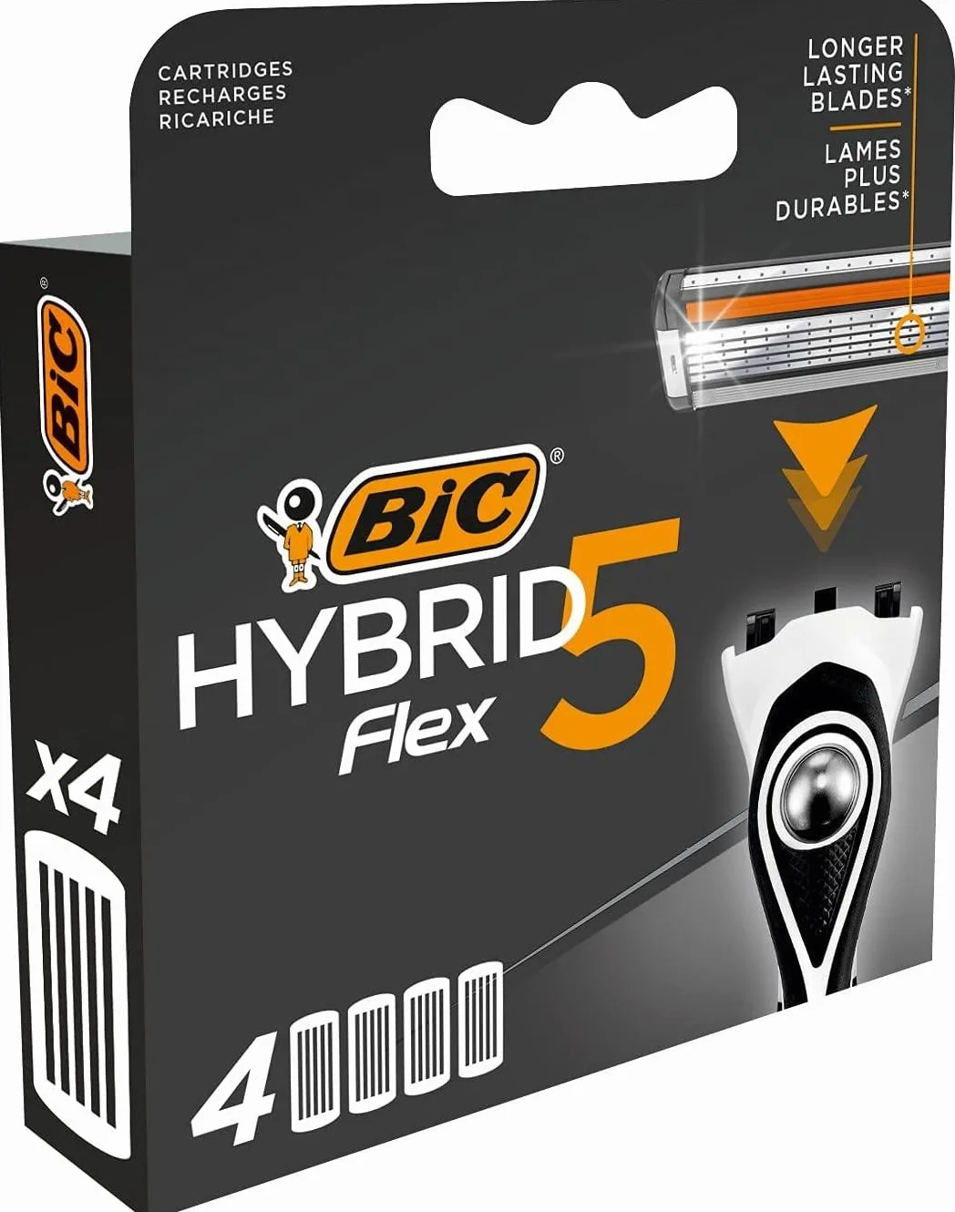BIC Hybrid 5 Flex, Confezione da 4 testine per rasoio da uomo snodabili a 5 lame in titanio con nanotecnologia