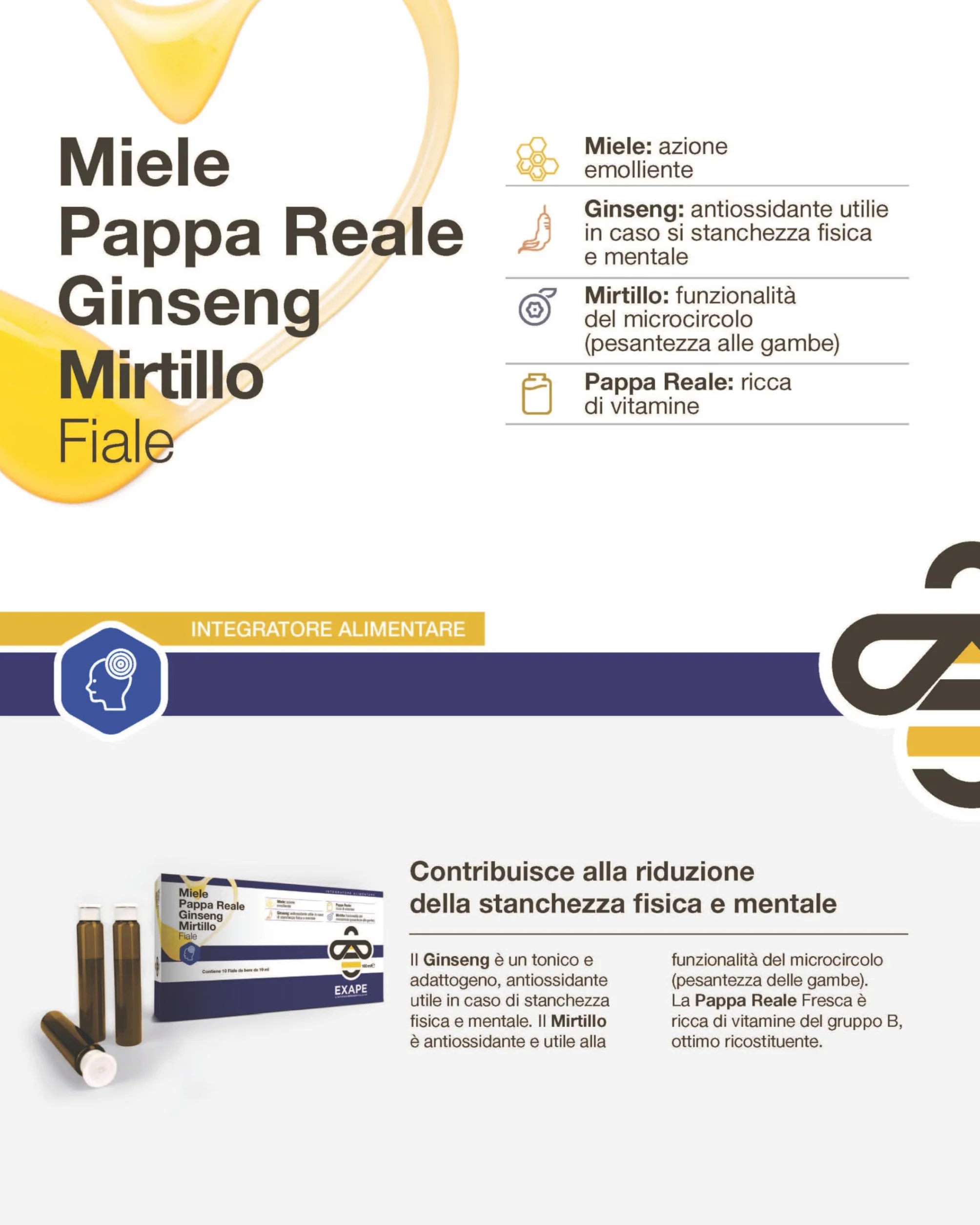EXAPE Pappa Reale Fresca Tonico Naturale Integratore Energetico con Miele 50% e Ginseng 10 Flaconcini da 10ml 2 Confezioni