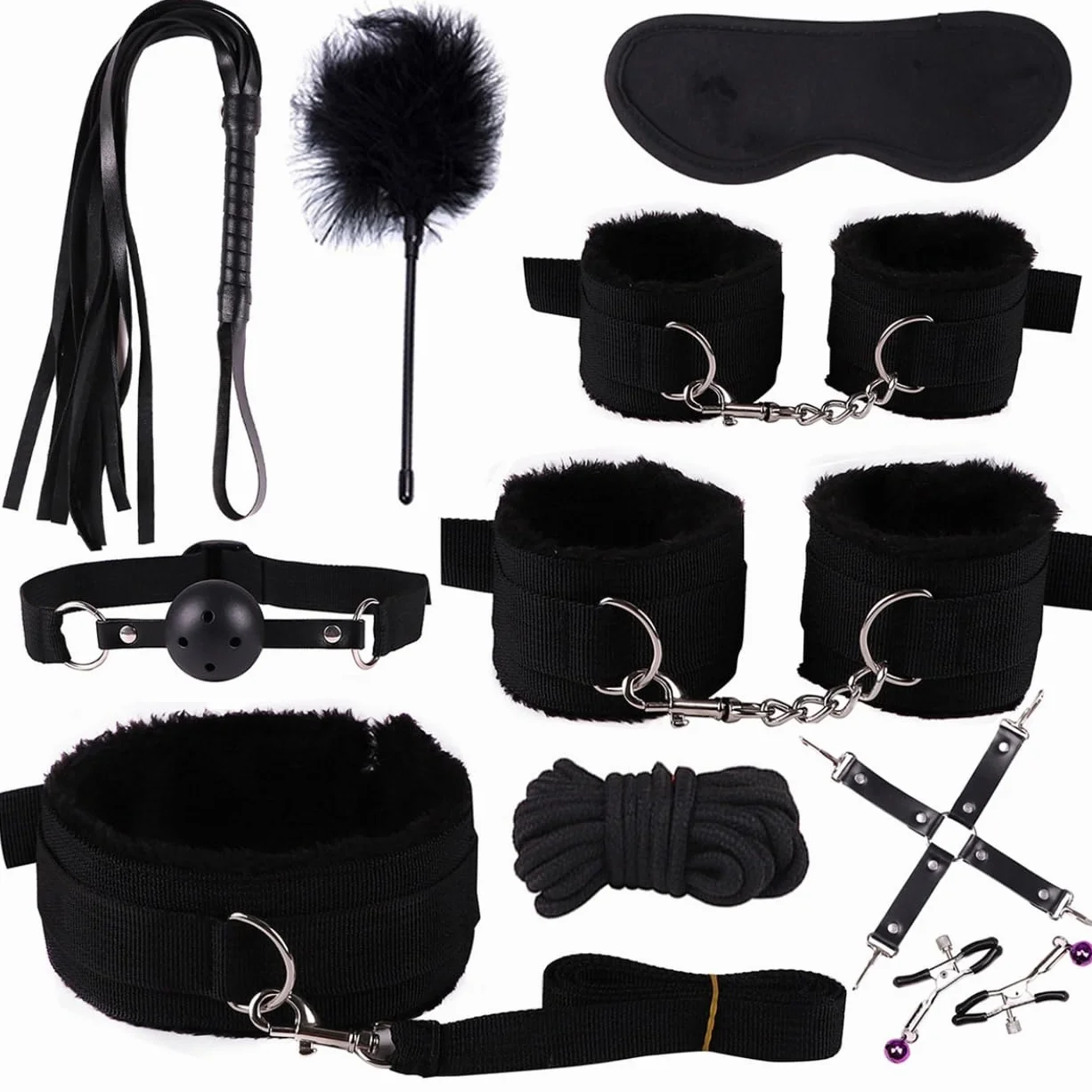 Set sessuale multifunzione 10 pezzi set con cinturino in nylon nero, dotato di cinturino regolabile - D19