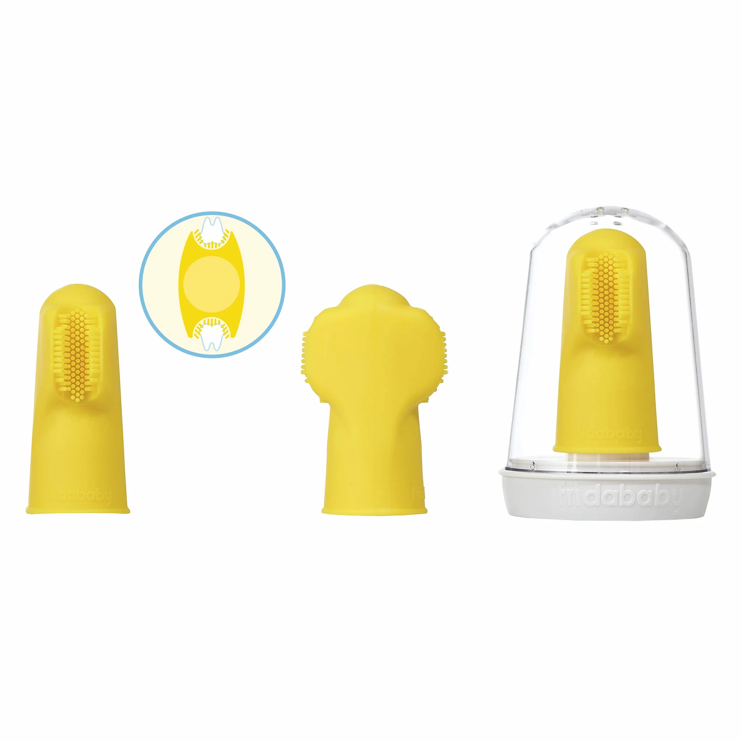 Frida Baby Spazzolino da Dito in Silicone doppio per Neonati – massaggia Gengive e Denti, antibatterico e senza BPA, Include Custodia Igienica
