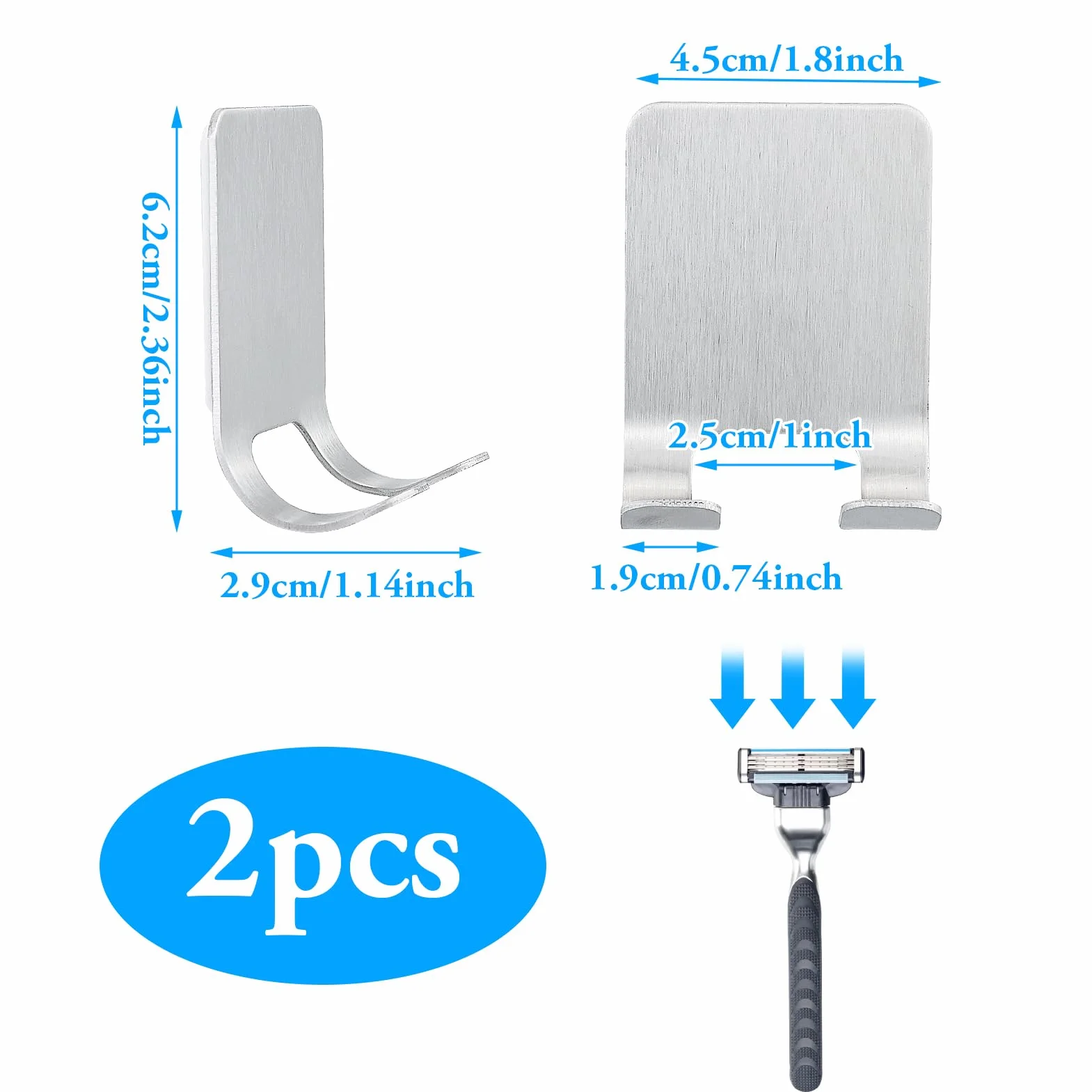 2 pezzi, supporto per rasoio da doccia, argento, senza foratura, acciaio inox, robusto e autoadesivo, multiuso per bagno e cucina