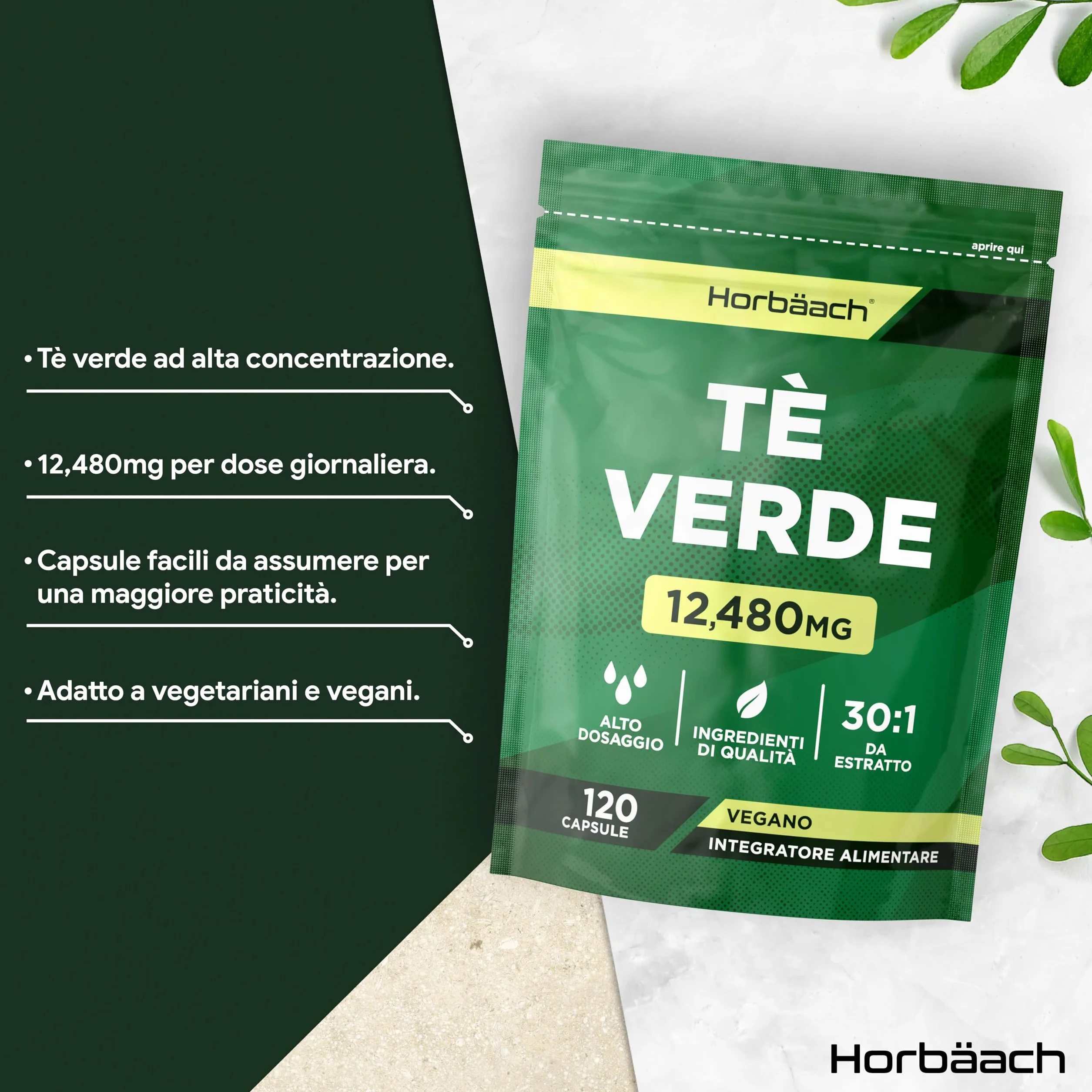 Te Verde Capsule 12480mg | Green Tea estratto ad alta resistenza | 120 capsule in polvere | Vegano e vegetariano | di Horbaach