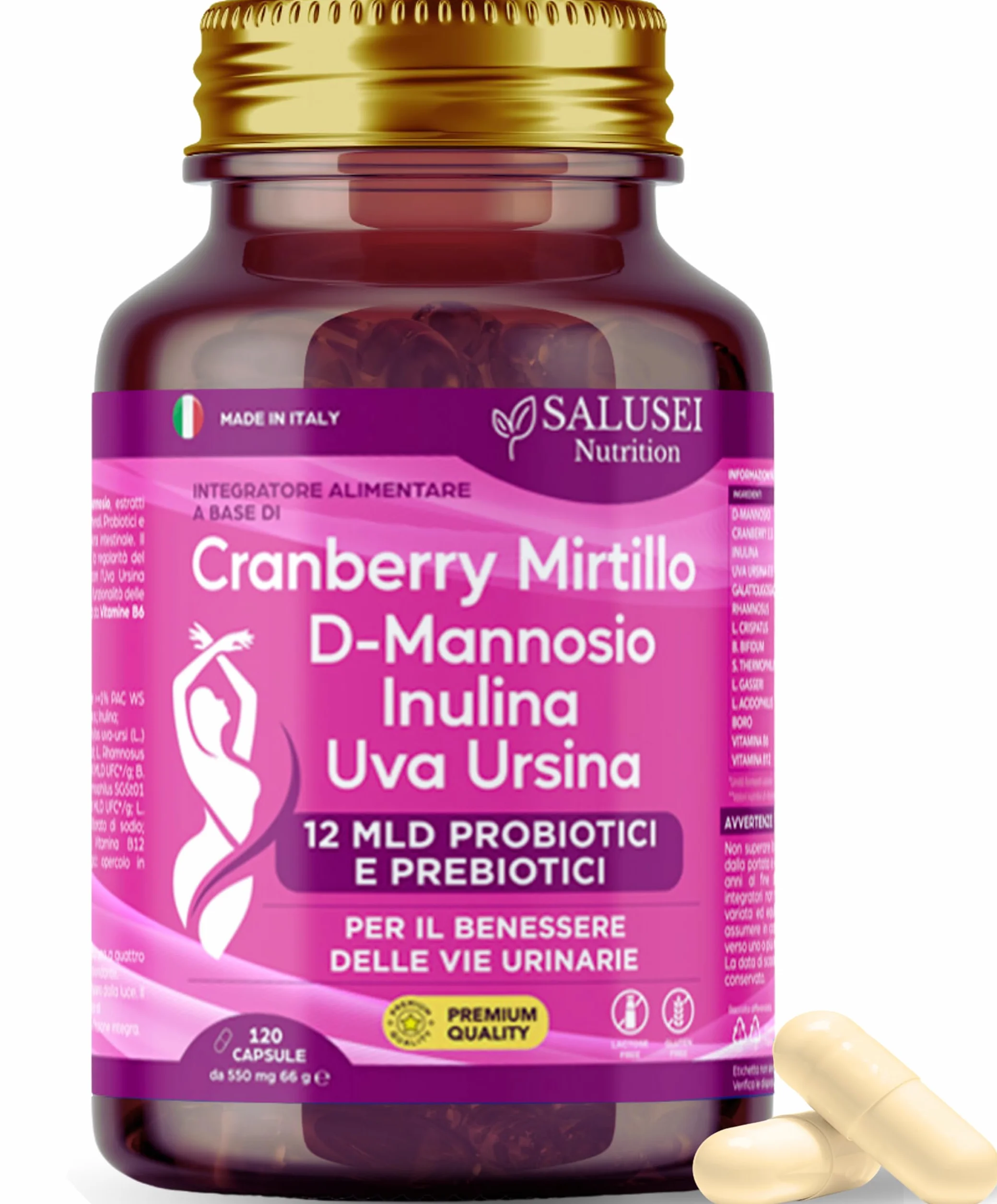 D-Mannosio Capsule Integratore per Cistite con Cranberry, Uva Ursina, Probiotici Donna e Candida Support