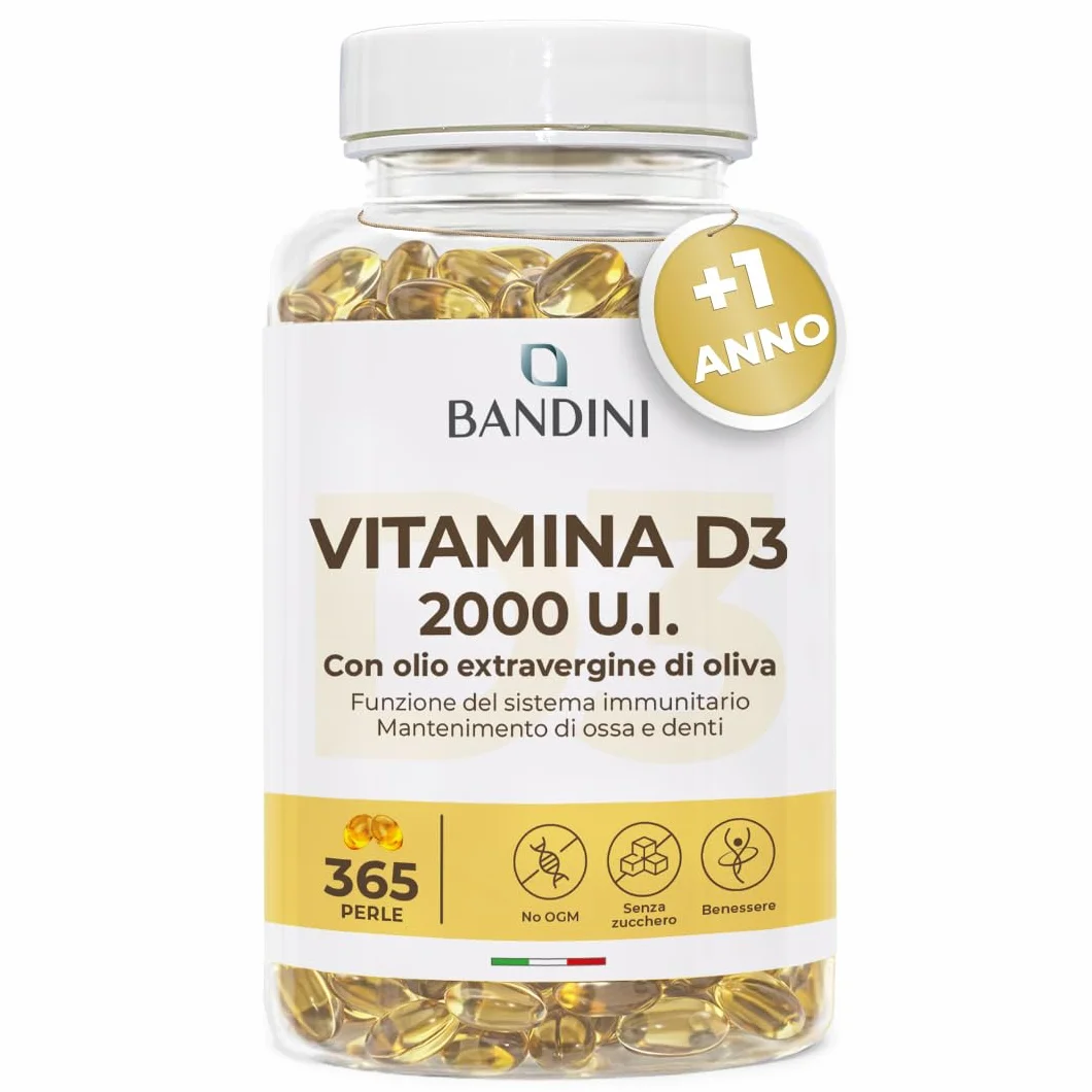 Bandini® Vitamina D3 2000 UI 365 Softgels, Alto Dosaggio 50μg, Vitamine D Colecalciferolo in perle, In Olio Extravergine di Oliva per Assorbimento Ottimale, Ossa, Denti, Muscoli, Sistema immunitario