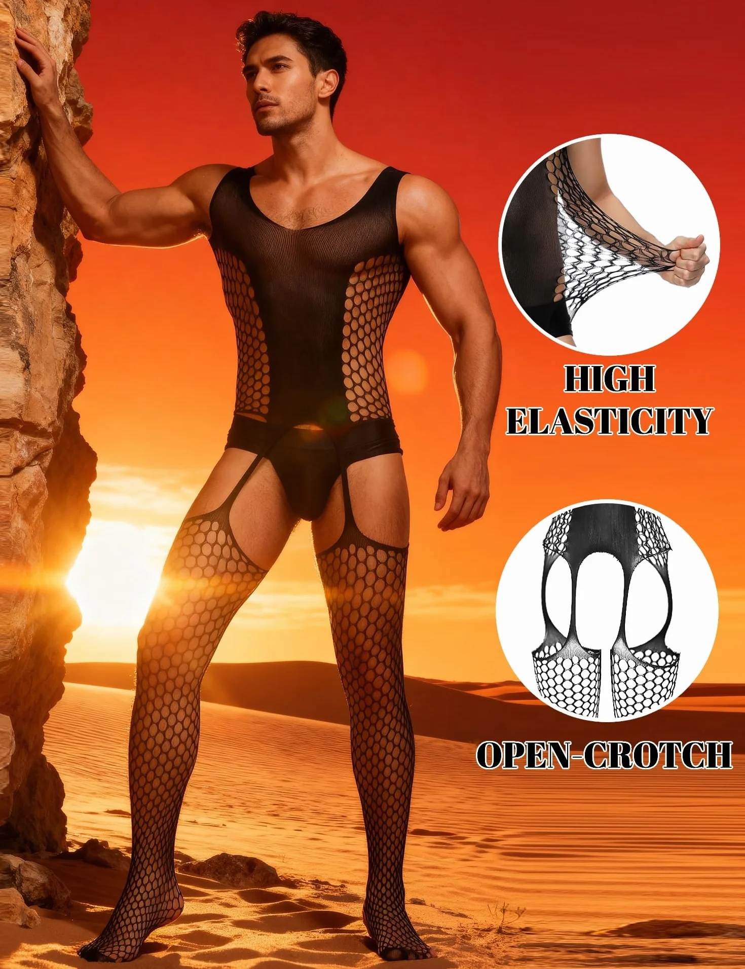 comeondear Bodystocking a Rete Uomo Sexy Body Aperto Hot Intimo Fishnet Calze Bodysuit Senza Maniche con Reggicalze Lingerie Sissy Hard