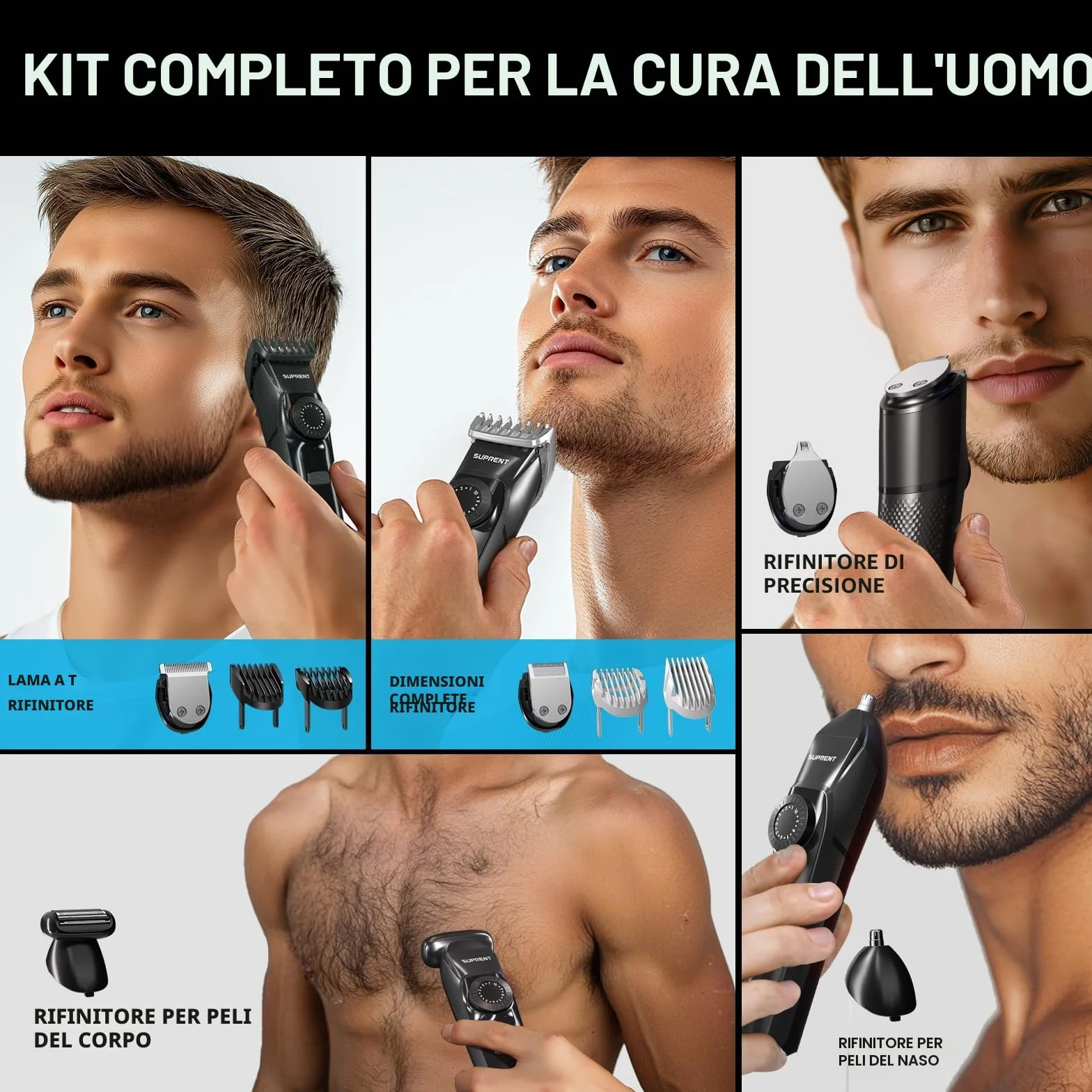 SUPRENT Regolabarba Uomo Professionale IPX7 Impermeabile Rasoio Elettrico Barba e Capelli