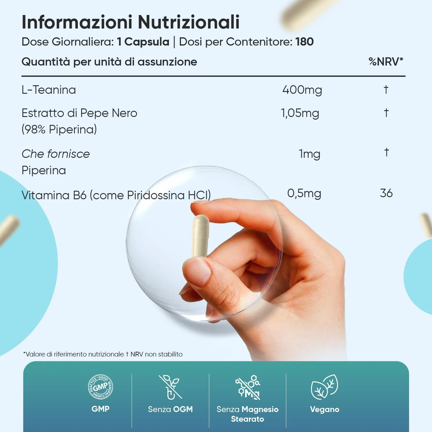 L Teanina 401mg, 180 Capsule Vegane, 1 al Giorno (6 Mesi di Scorta), L-Teanina Estratta dalla Camellia Sinensis con Pepe Nero e Vitamina B6, Aminoacido L Theanine da Tè Verde, Senza Magnesio Stearato