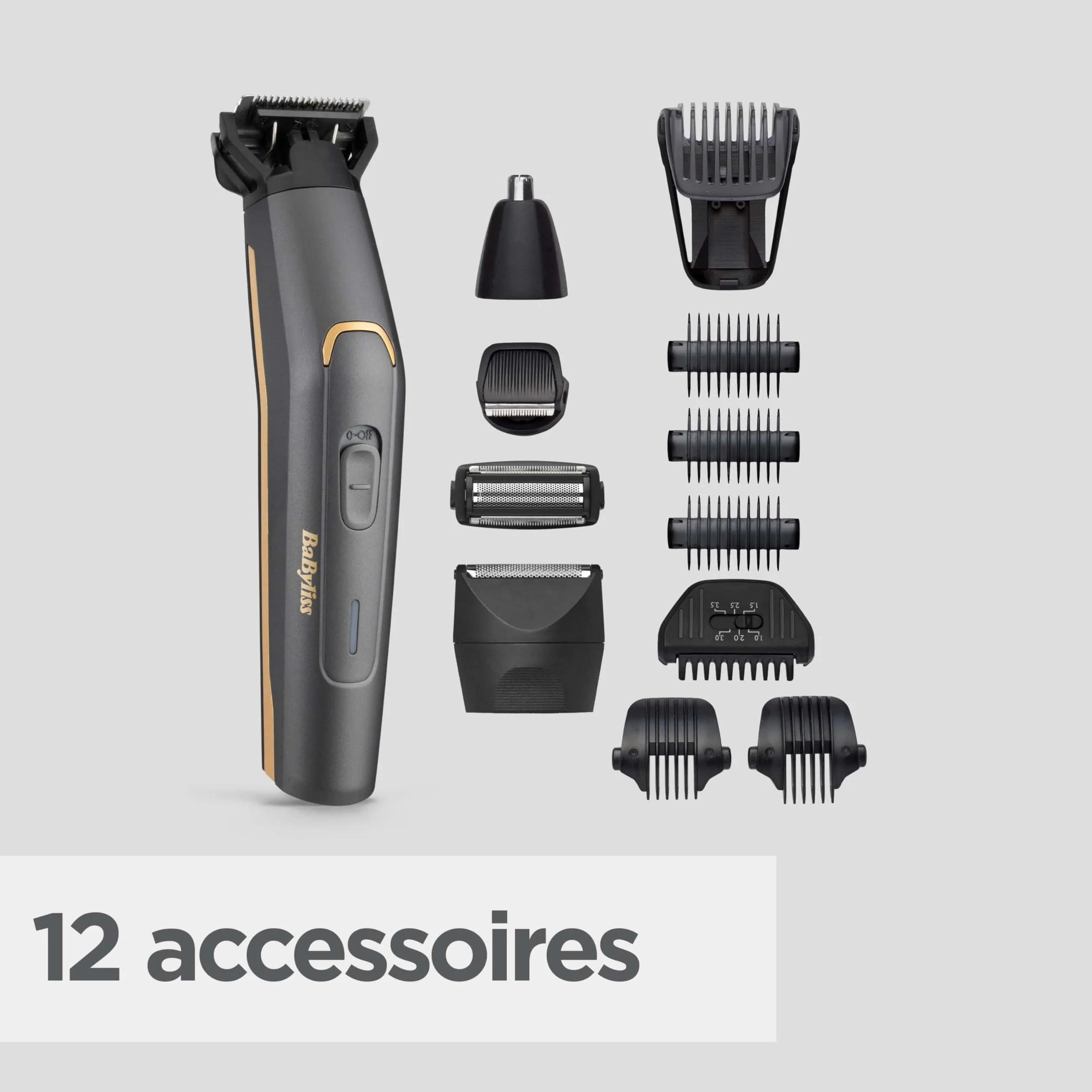 BaByliss MT987E Multi-Trimmer Graphite Precision 12 in 1, Cordless, Testina di precisione, Testina corpo, Testina barba, Testina naso/orecchie, Testina rasatura