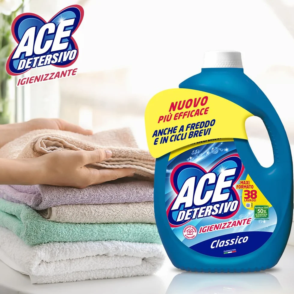ACE Detersivo Igienizzante Classico – Detersivo Liquido Lavatrice, Rimuove Macchie e Sporco, Igienizza Tessuti, Bucato Pulito e Fresco anche a Freddo, Formula Efficace e Profumo Duraturo, 152 lavaggi