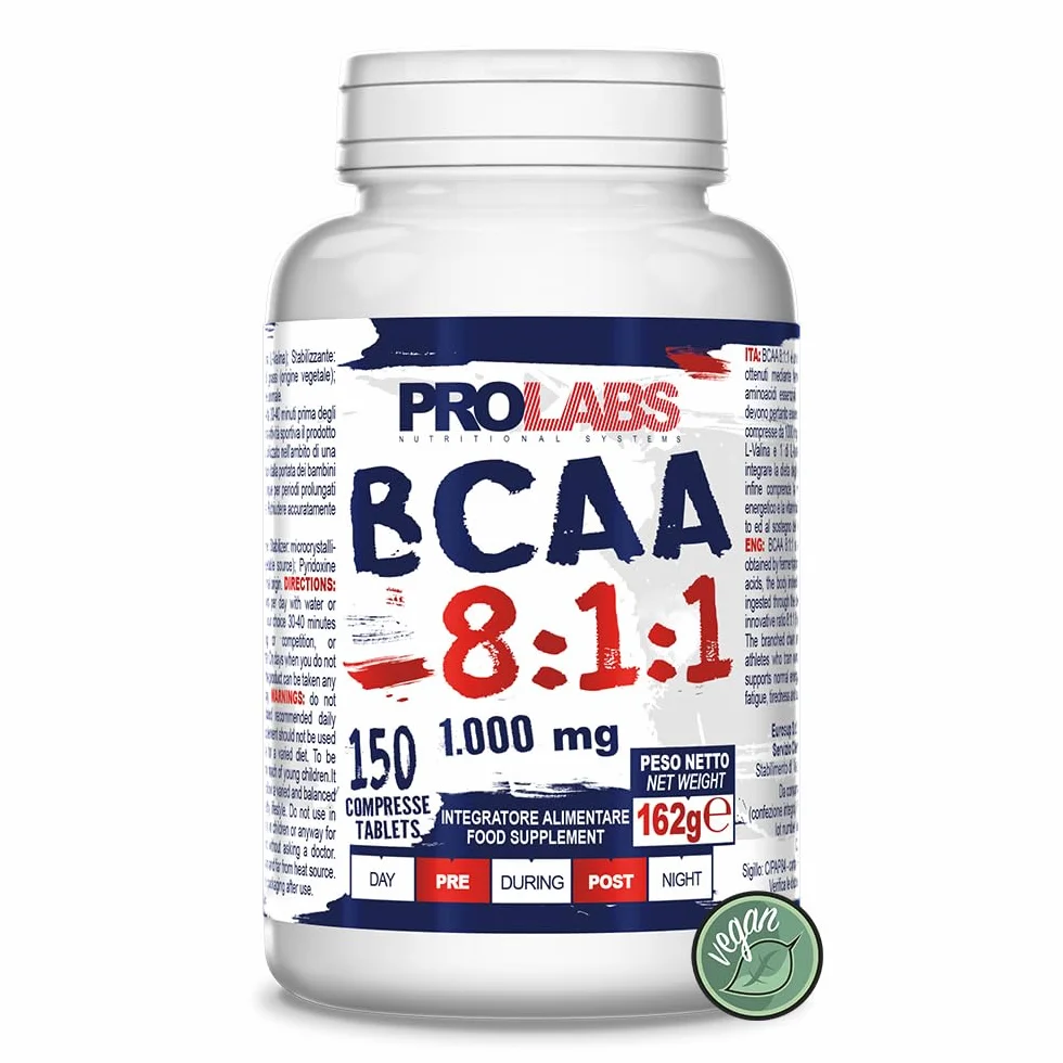 PROLABS – Bcaa Aminoacidi Ramificati Compresse 8.1.1, Amminoacidi 100% Veg con Vitamina B6, B1 e L-Leucina (8 parti) Crescita e Recupero Muscolare, Integratore Post e Pre Workout, 150 Tablet (1000 mg)