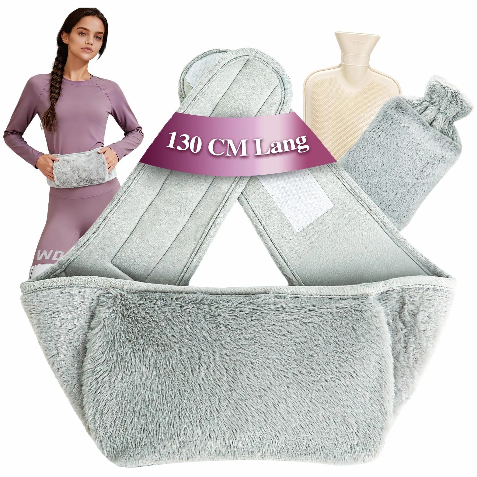 Cintura termica con bottiglia d’acqua calda 1 L, extra-lunga 130 cm, copertina morbida rimovibile, fascia riscaldante per pancia, vita e collo, gomma naturale certificata BS 1970:2012