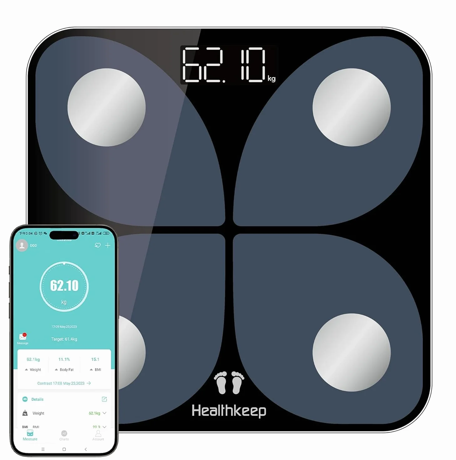 Bilancia per grasso corporeo digitale con app: Bluetooth Smart Bilancia per grasso corporeo, BMI, massa muscolare, proteina, BMR, vincitore del test, 26 x 26 cm