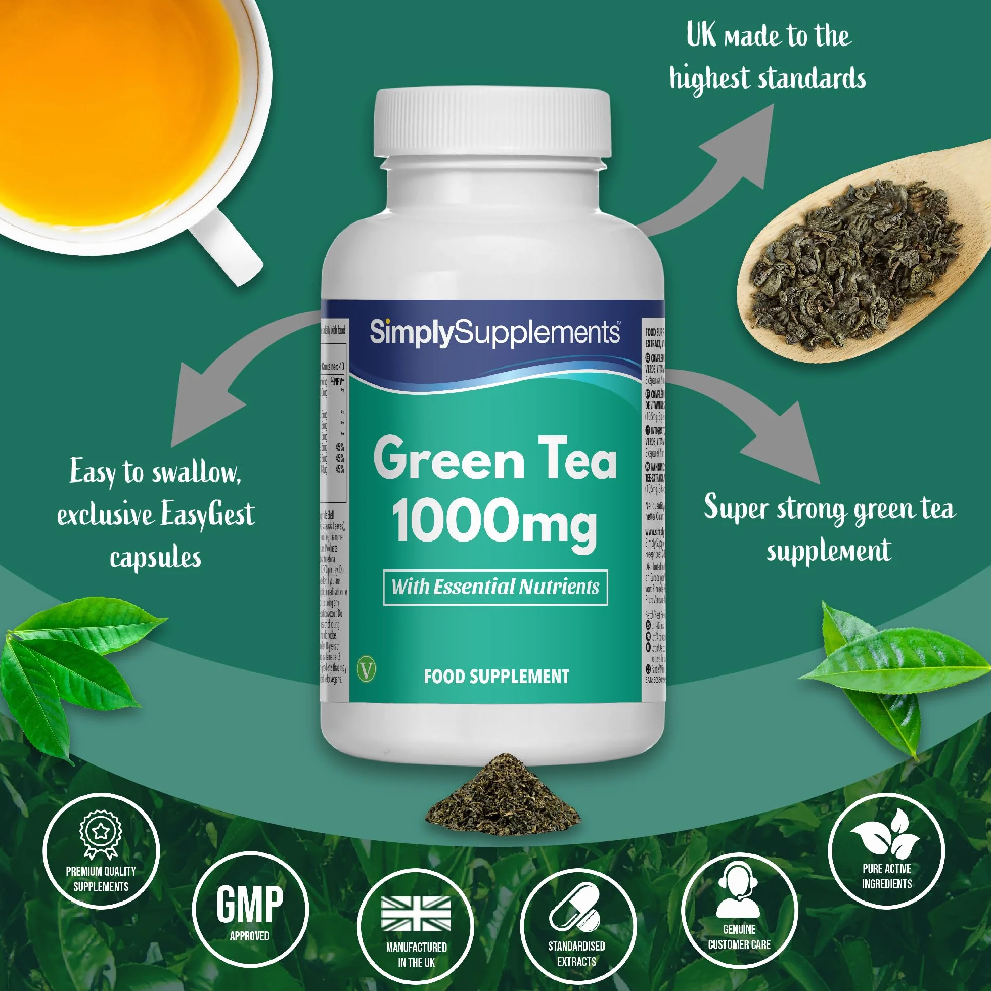 Estratto Di Tè Verde 3.000mg | Con Aggiunta Di Tiamina, Riboflavina E Cromo | Sostiene L'energia, Il Metabolismo E La Difesa Antiossidante | Adatto Ai Vegani | 120 Capsule = 40 Giorni Di Fornitura