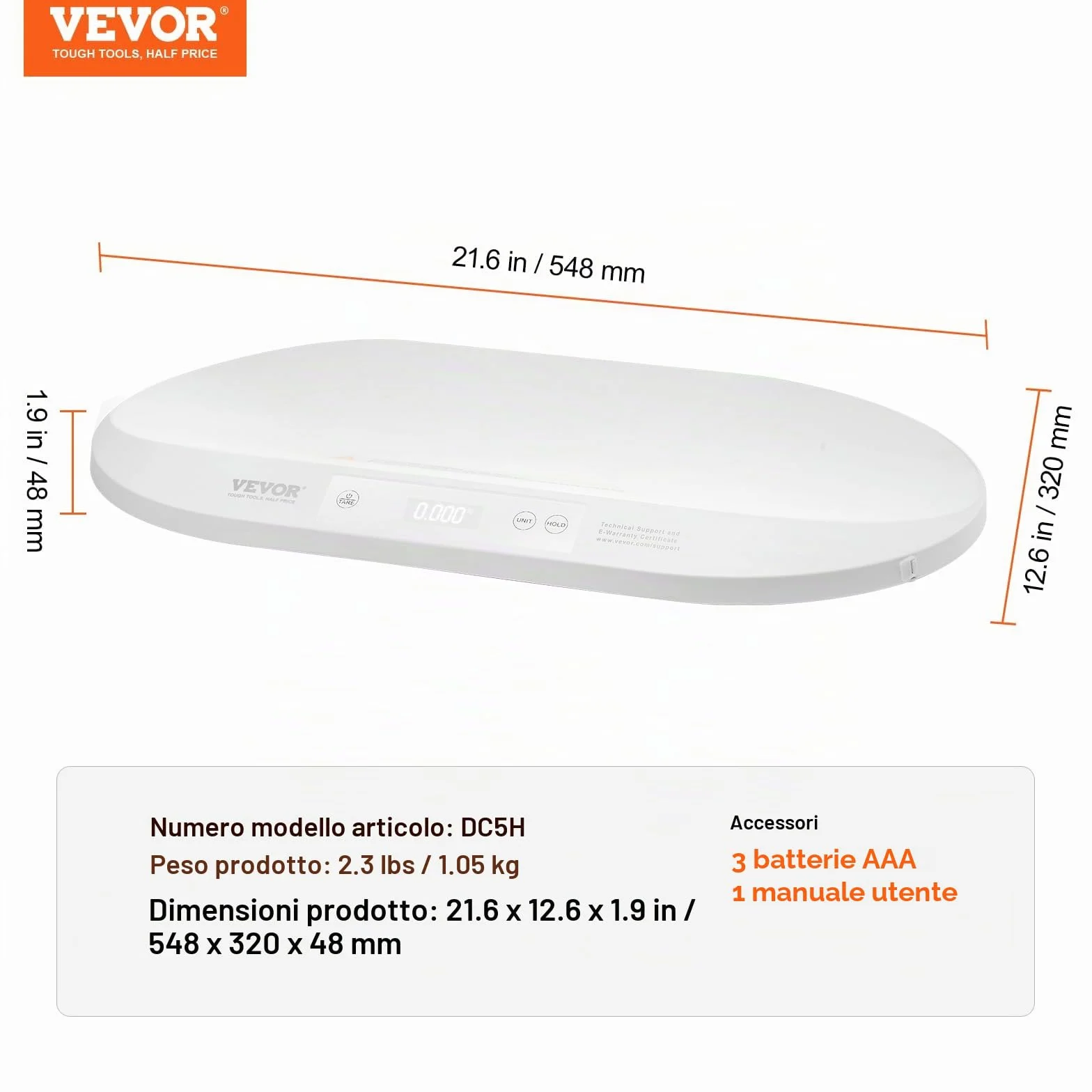 VEVOR Bilancia Digitale per Neonati con Metro a Nastro, Capacità 40 kg, Funzione Hold & Tare