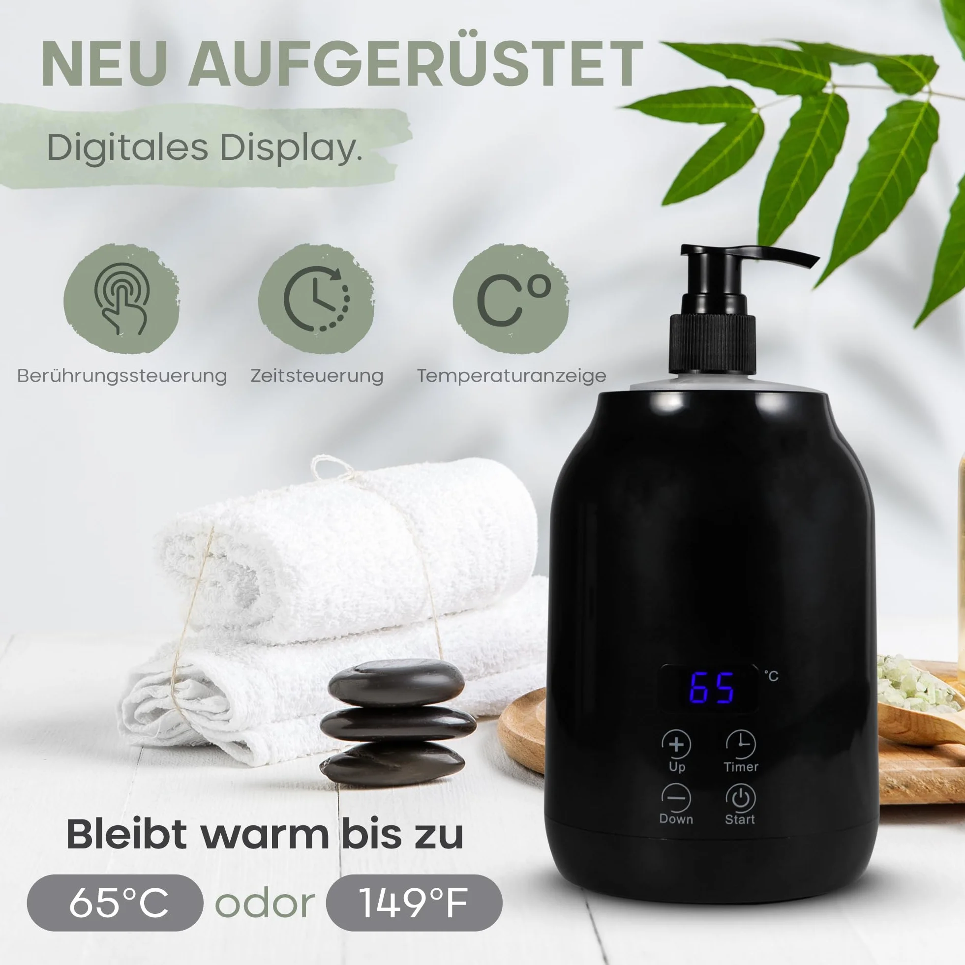 Scaldaolio da Massaggio | Bottiglia di Plastica Esterna (2x) | Per Olio da Massaggio e Oli Essenziali | Einstellbare Temperatur (30-65 Grad) | Massaggio Benessere e Relax | Scaldino Elegante (Nero)