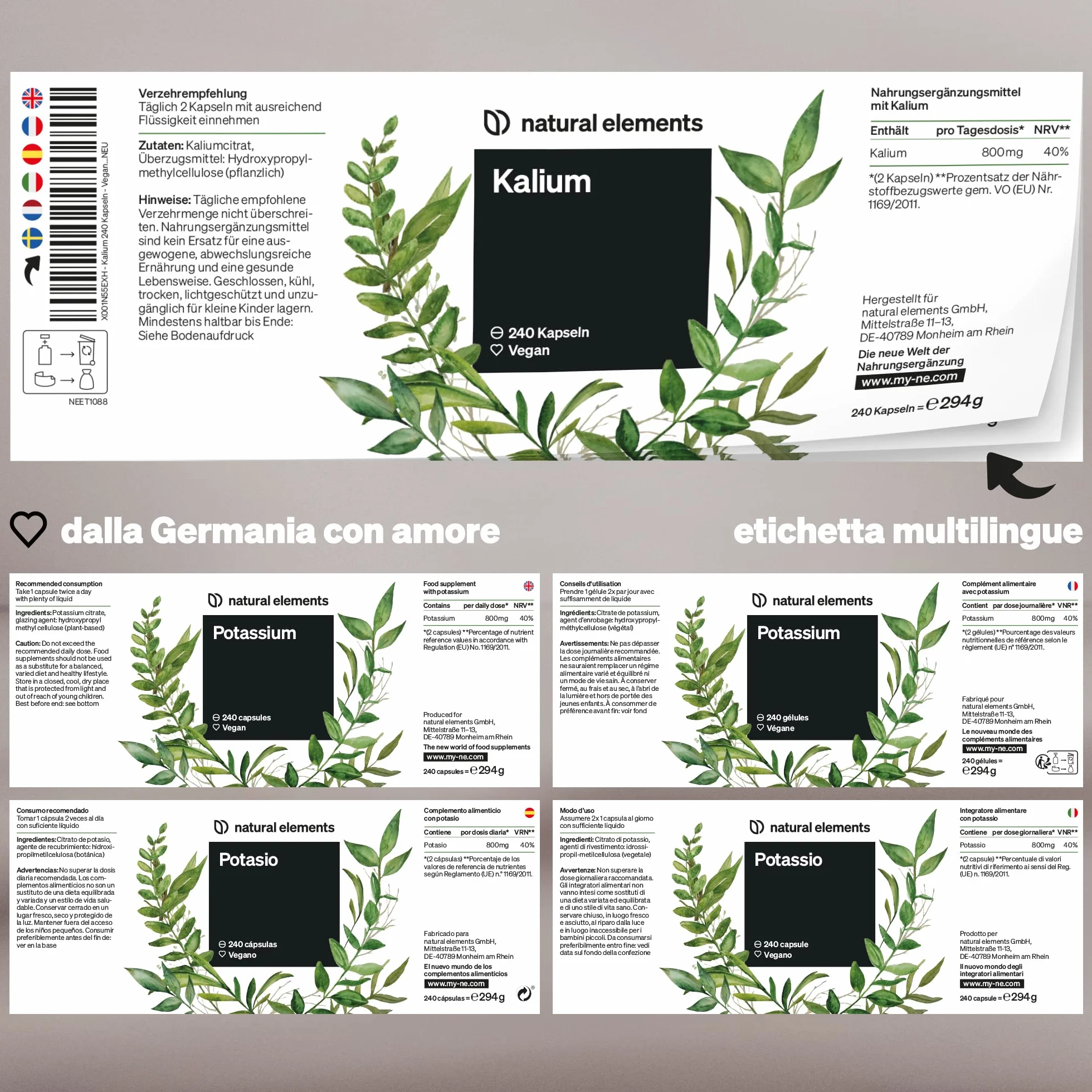 Potassio Integratore – 240 capsule vegane con 800mg di potassio elementare (da citrato di potassio) per dose giornaliera – per la pressione sanguigna, il funzionamento dei muscoli e il sistema nervoso