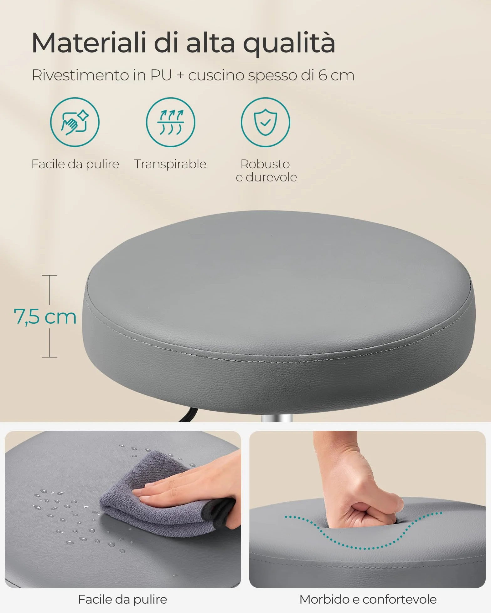 SONGMICS Sgabello Girevole con Ruote Altezza Regolabile 46-58 cm PU Grigio Tortora