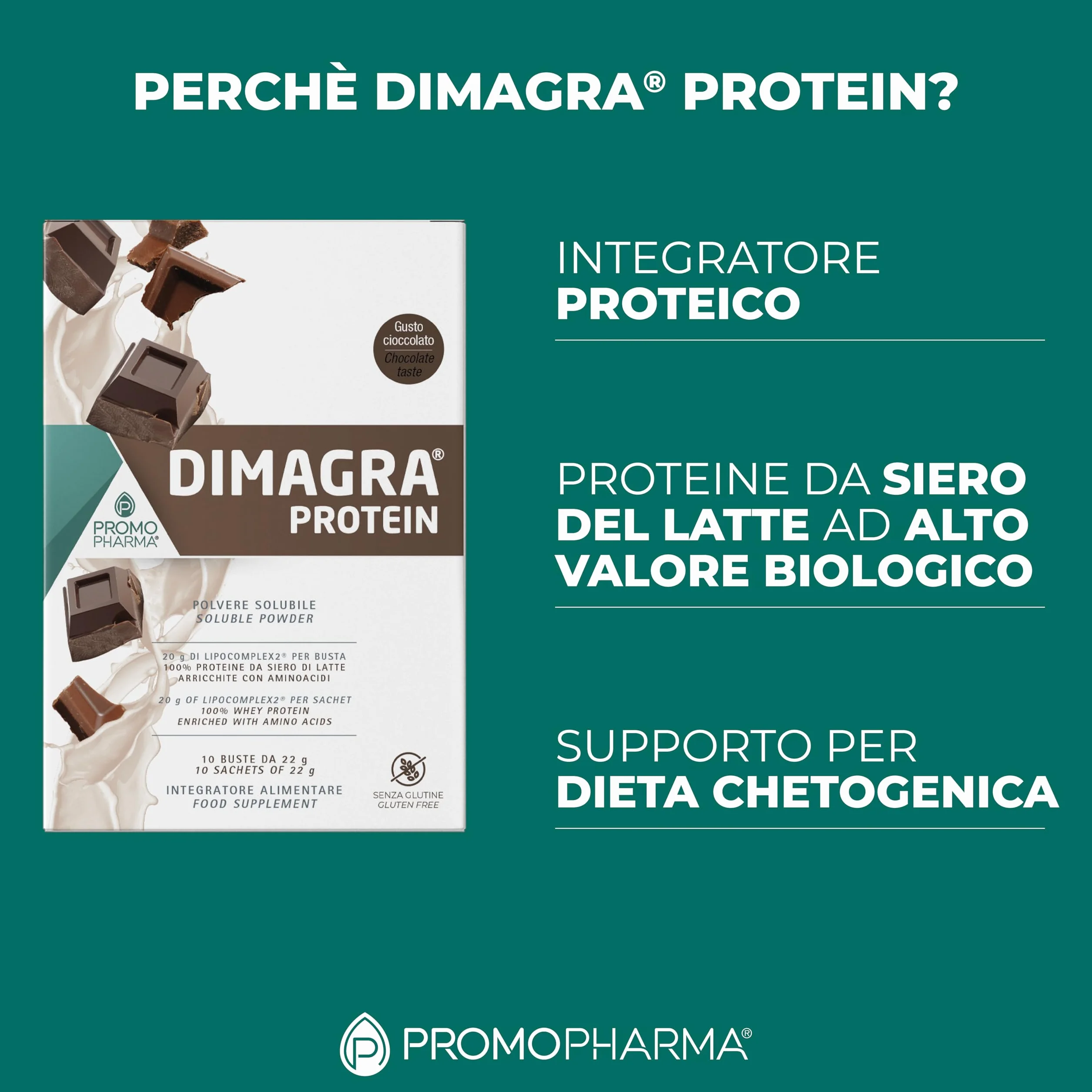 Dimagra Protein - Integratore Proteico per Dieta Chetogenica - Proteine in Polvere - Gusto Cioccolato - 10 buste da 22 g