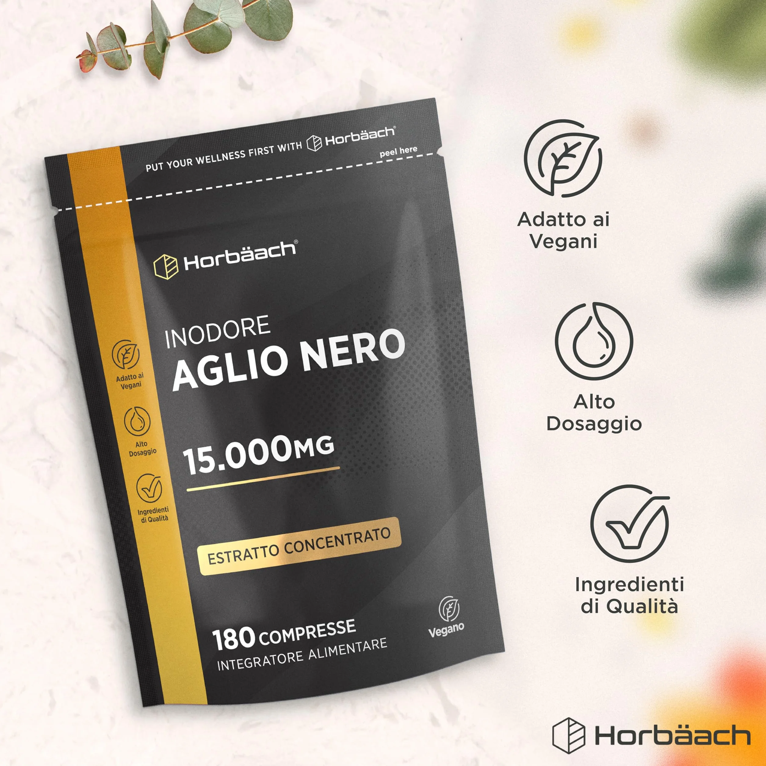 Aglio Nero Fermentato 15000mg | 180 Compresse Vegane | Integratore Inodore e Senza Gusto | Horbaach