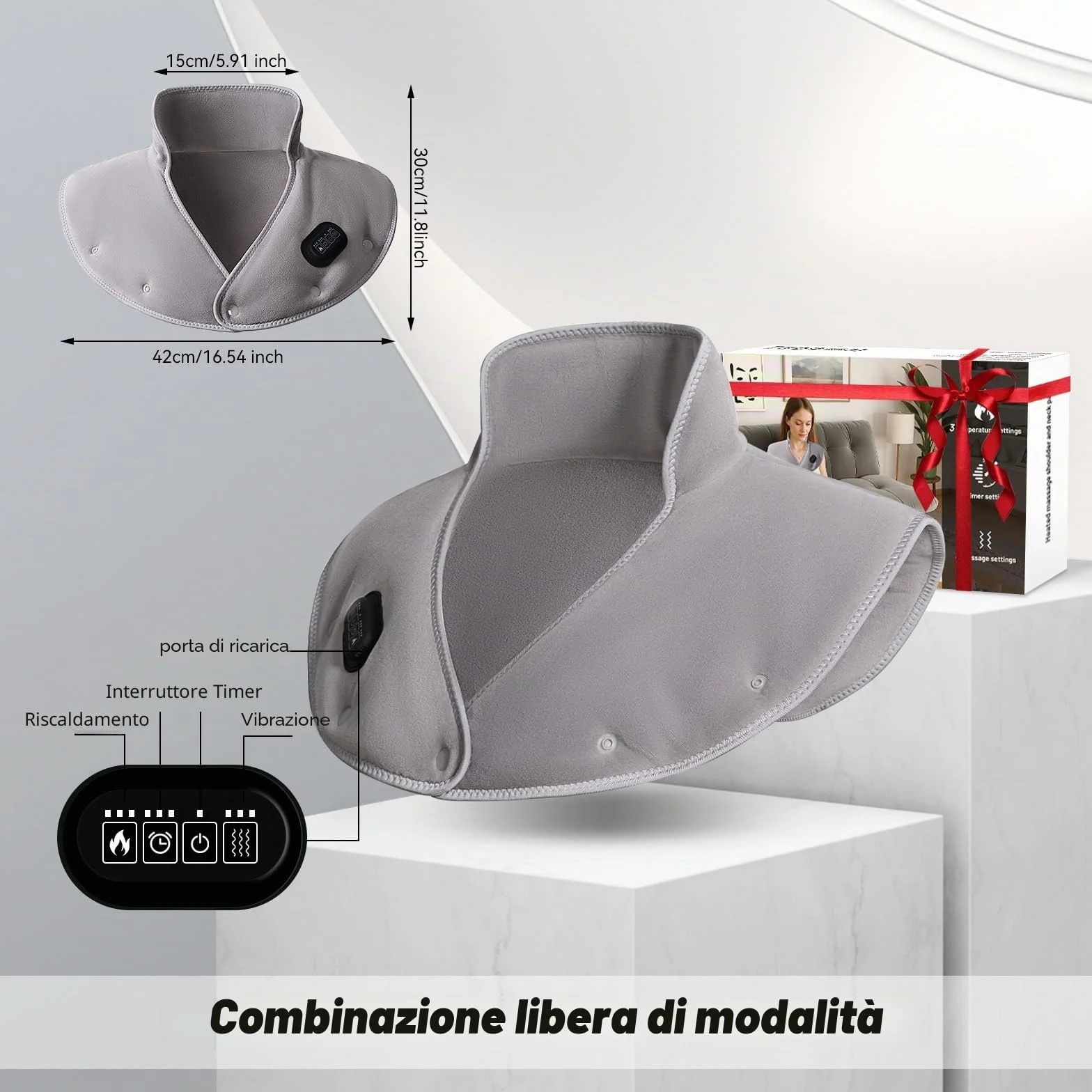 Cuscino termico senza fili per collo e spalle - 3 livelli di temperatura, 3 livelli di vibrazione, 3 timer, ricarica USB - Cuscino termico elettrico portatile, regalo per donne