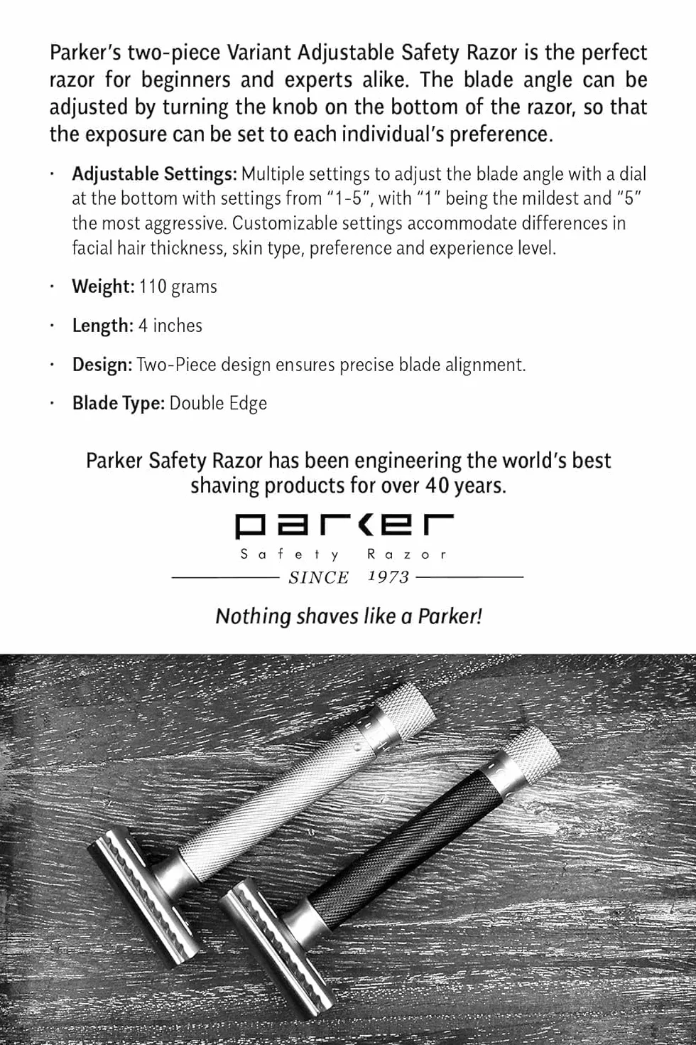 Parker Safety Razor Parker Variante regolabile doppio bordo rasoio di sicurezza e 5 Premium Blades - Cromo satinato