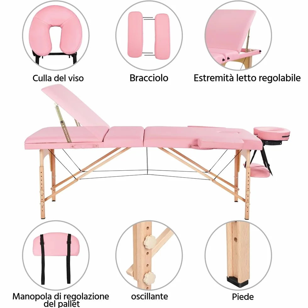 Yaheetech Lettino da Massaggio Portatile Pieghevole Legno Faggio 213 x 57 cm Altezza Regolabile Rosa