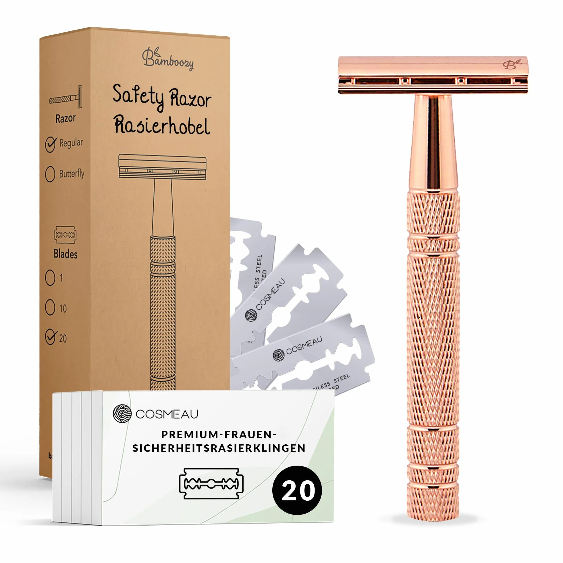 Bamboozy Rasoio di Sicurezza con 20 Lame, Alluminio Oro Rosa - Zero Rifiuti e Senza Plastica - Rasoio a Doppio Filo per Rasatura Bagnata