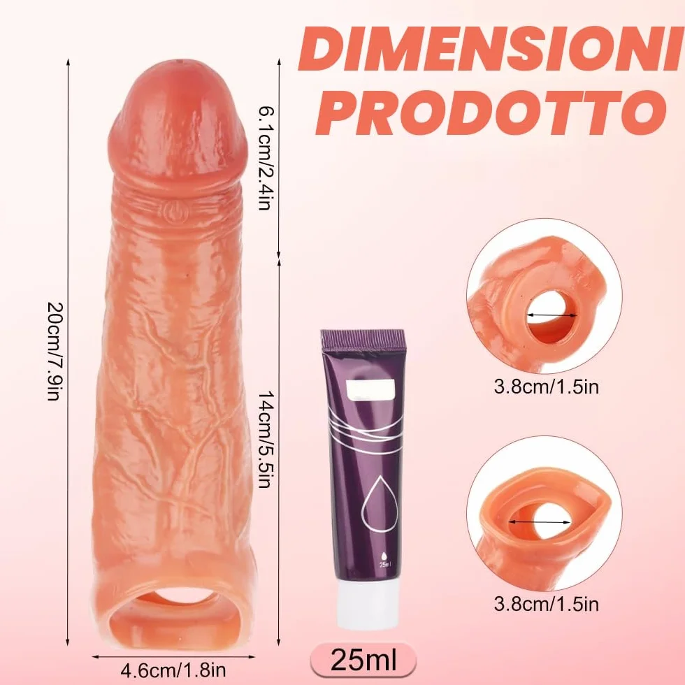 Guaina Pene, Prolunga PenE Indossabile Uomo con Anelli, 20cm/7,9inch Guaine E Prolunghe per Il Pene, Dildo Realistico In Silicone con Vene, Toys Sessuali