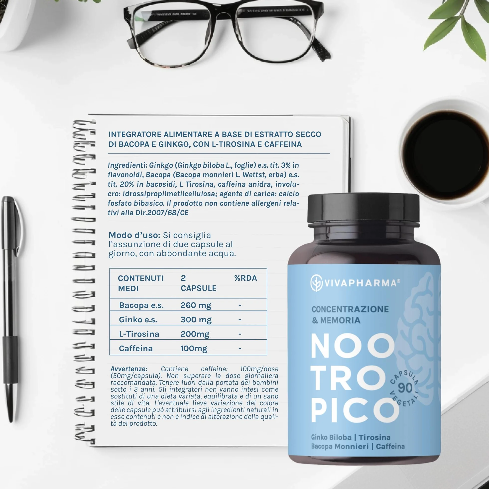 Nootropico Naturale 90 capsule Ginkgo Biloba Bacopa Monnieri Integratore Memoria Concentrazione Made in Italy