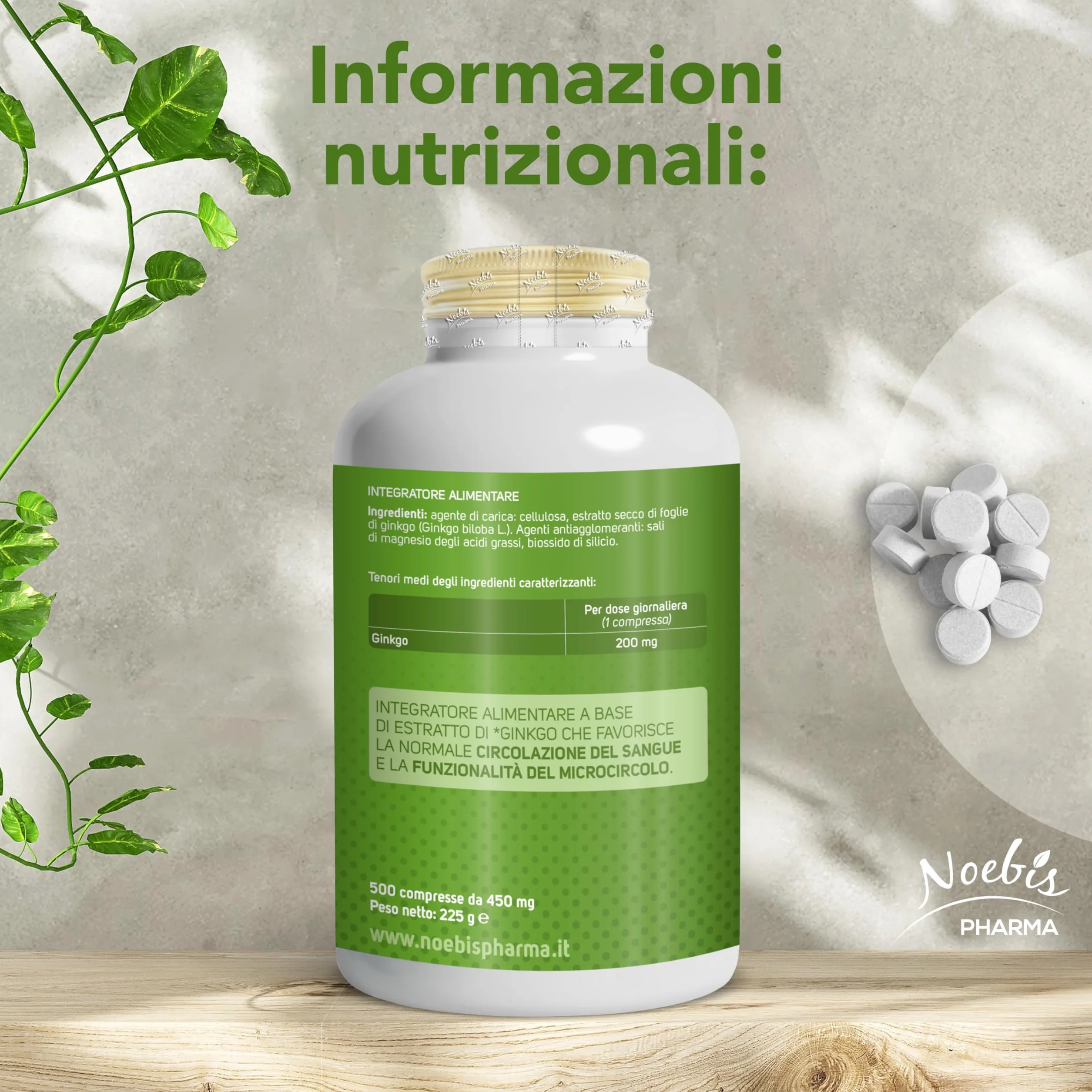 Ginkgo Biloba Noebis Pharma - Estratto Secco di Foglie - 500 Compresse - Microcircolo e Circolazione